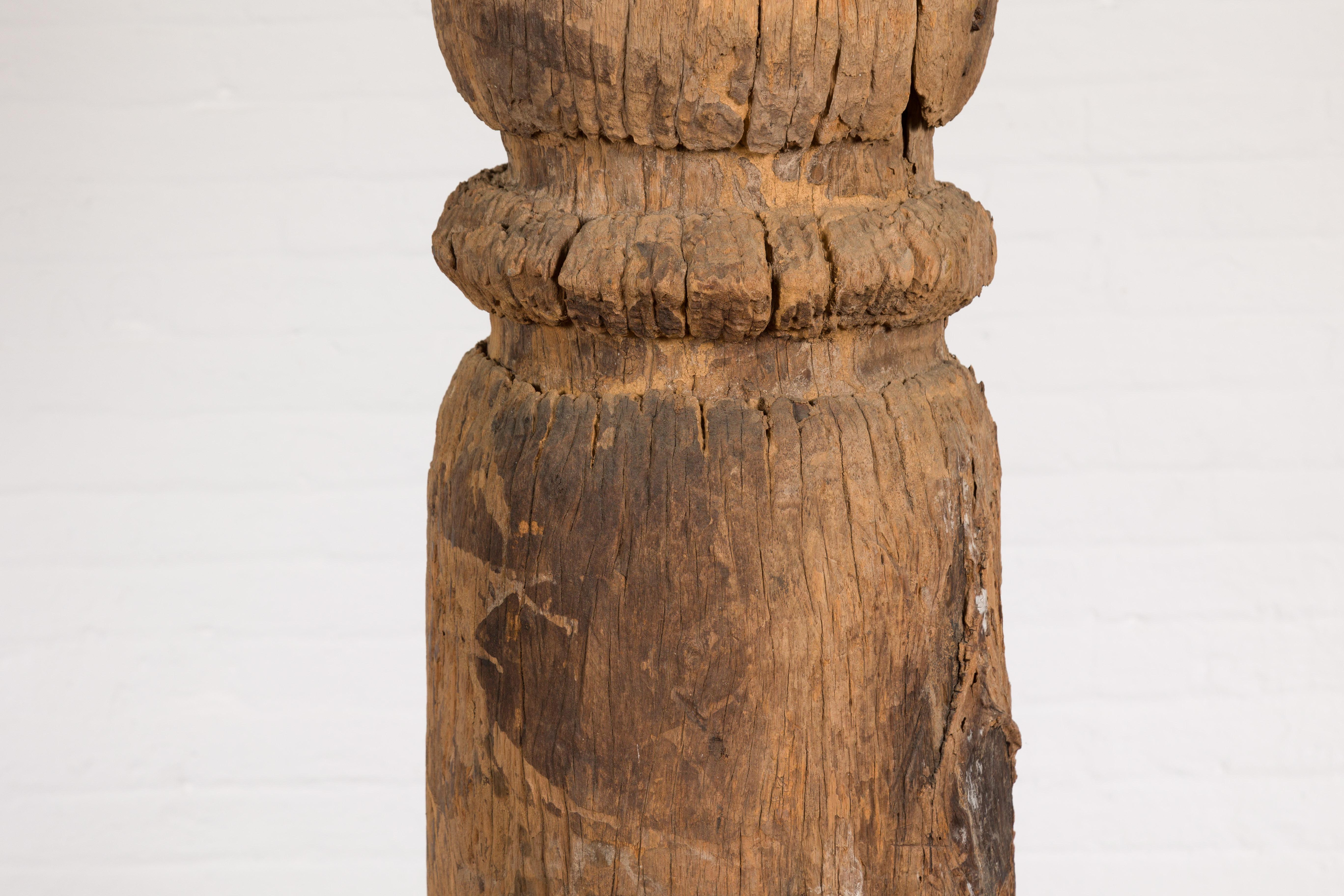 Wood Antique Rustic Hand Carved 19th Century Northern Thai Cylindrical Pole Sculpture For Sale