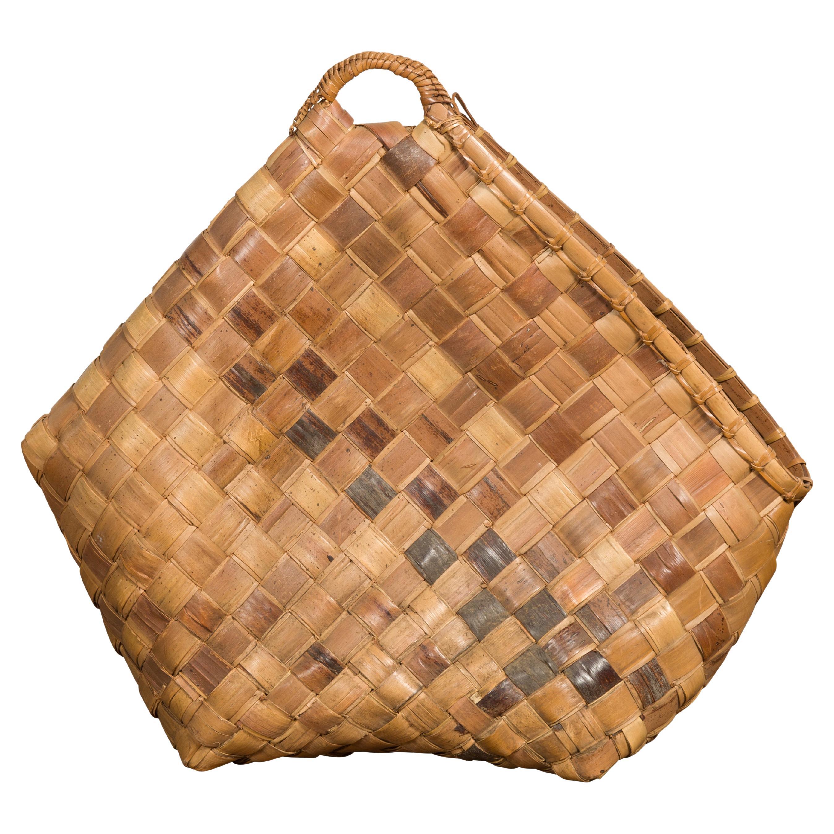 Antique Rustic Hand Woven Karagumoy Filipino Two Toned Grain Basket For Sale