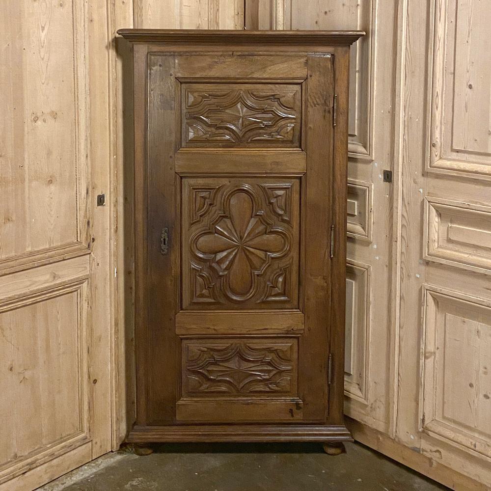Walnut Antique Rustic Italian Piemontese Corner Cabinet For Sale