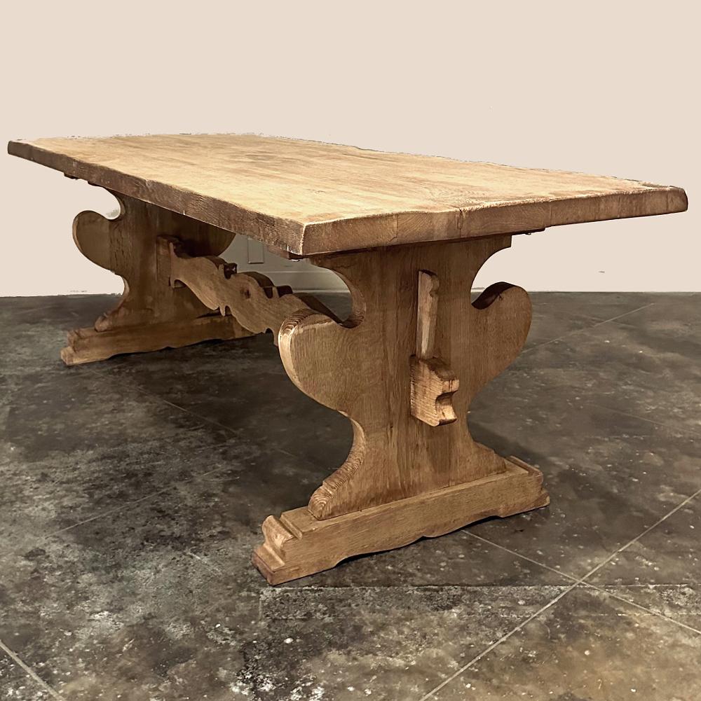 Hand-Crafted Antique Rustic Italian Stripped Oak Trestle Dining Table For Sale