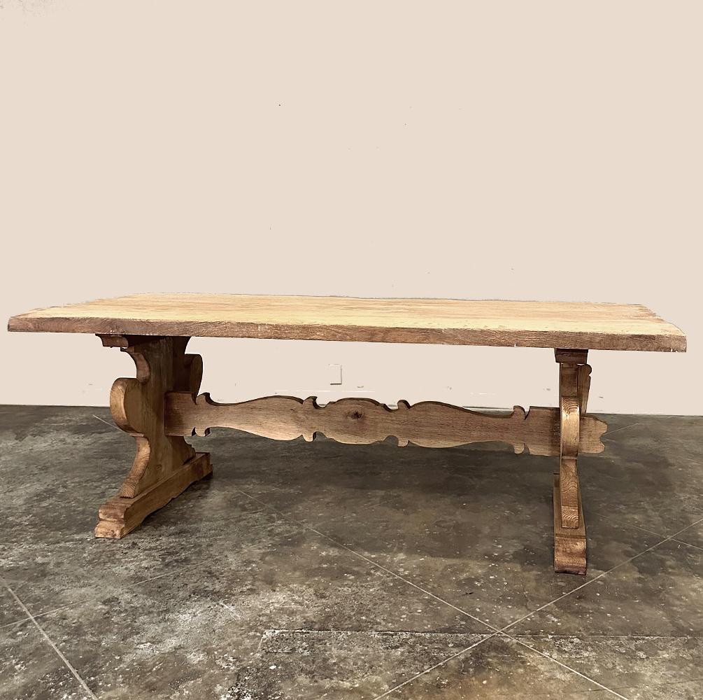 Antique Rustic Italian Stripped Oak Trestle Dining Table In Good Condition For Sale In Dallas, TX