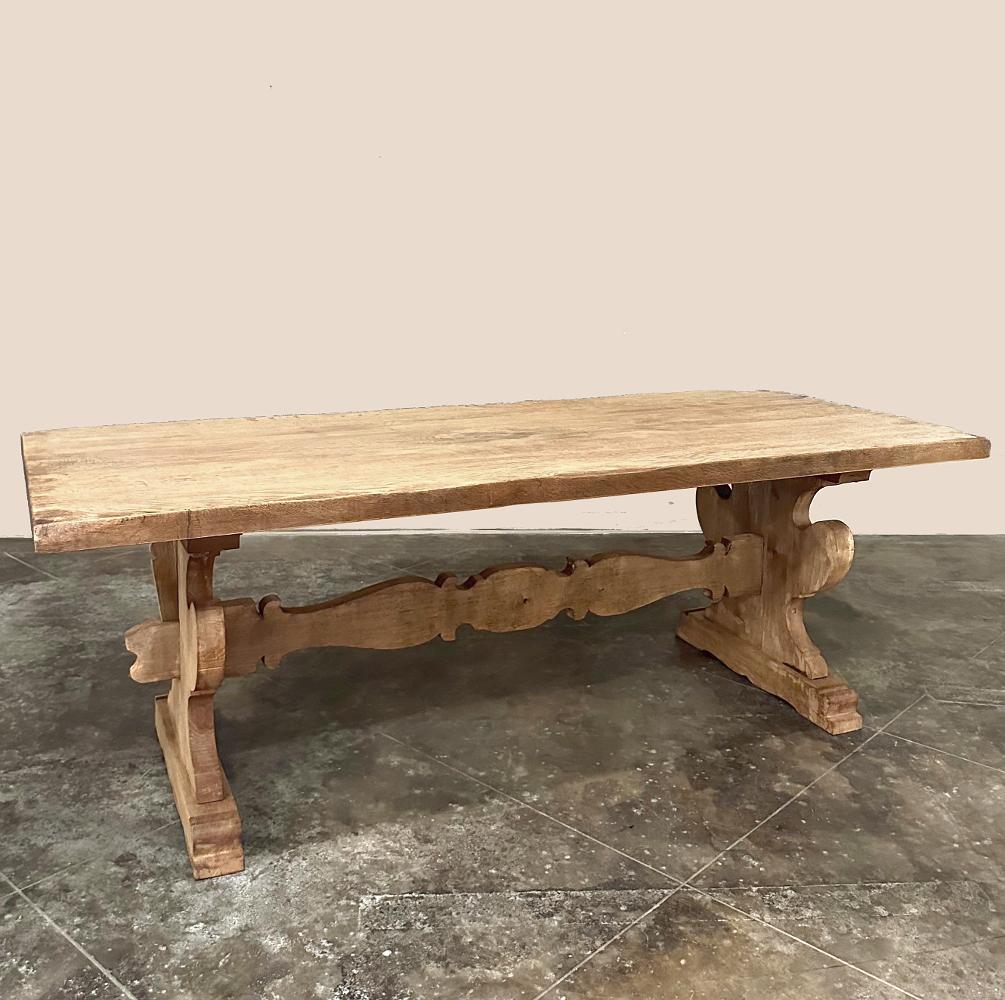 20th Century Antique Rustic Italian Stripped Oak Trestle Dining Table For Sale