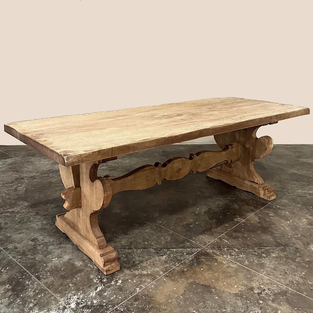Antique Rustic Italian Stripped Oak Trestle Dining Table For Sale 1