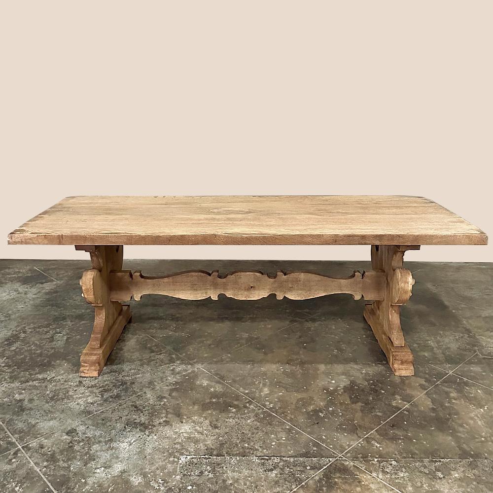 Antique Rustic Italian Stripped Oak Trestle Dining Table For Sale 1
