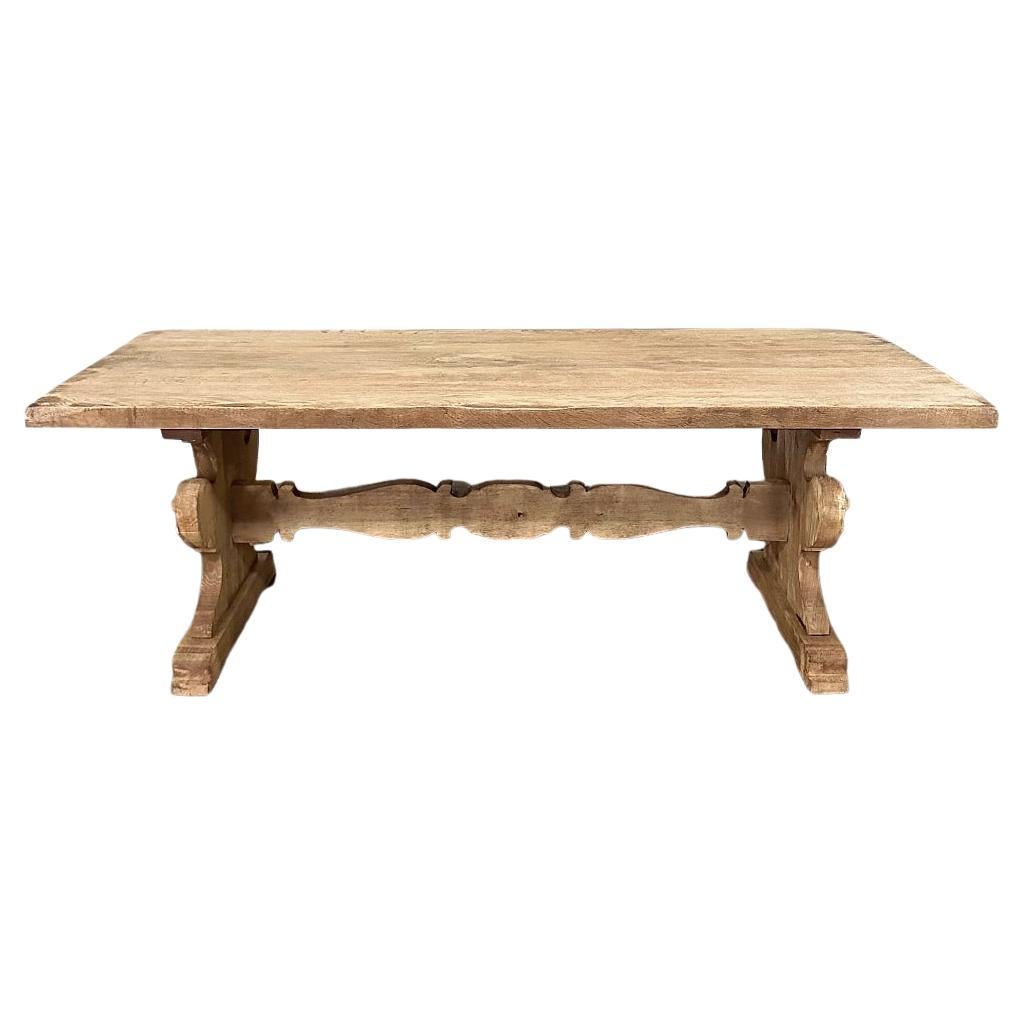 Antique Rustic Italian Stripped Oak Trestle Dining Table For Sale