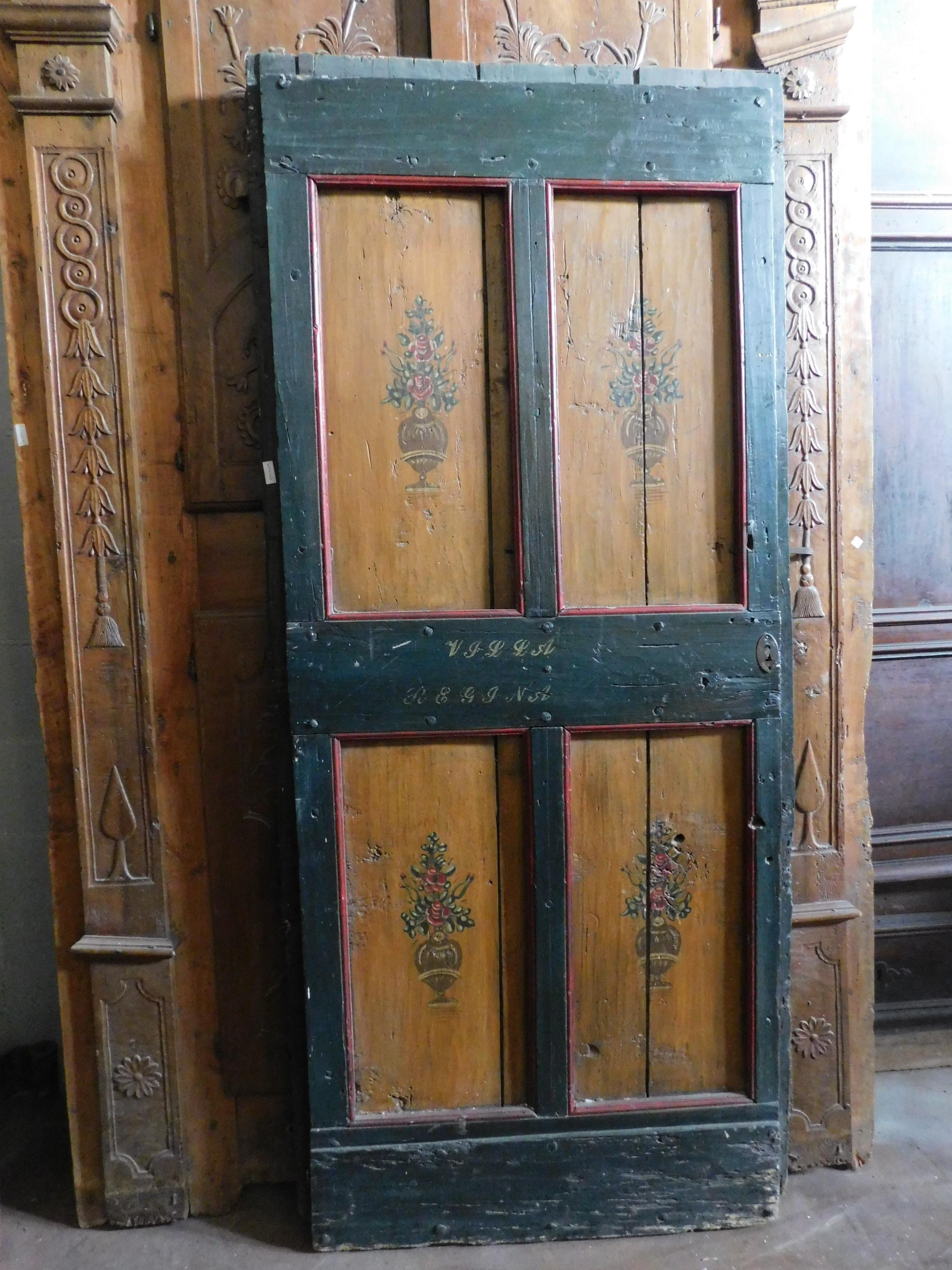 Porte intérieure laquée rustique ancienne, vert rouge jaune, 1700 Italie Bon état - En vente à Cuneo, Italy (CN)
