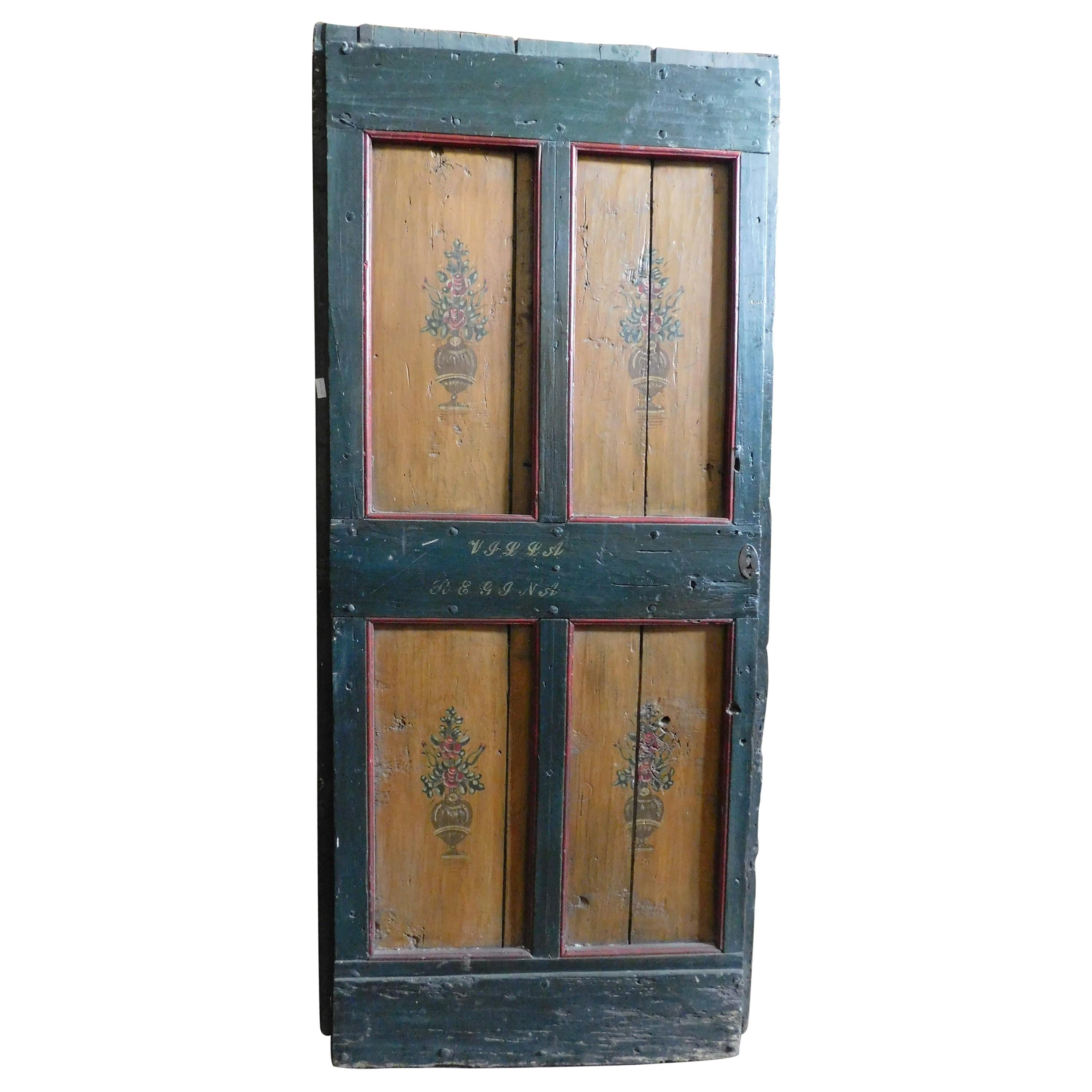 Antique Rustic Lacquered Interior Door, Green Red Yellow, 1700 Italy For Sale