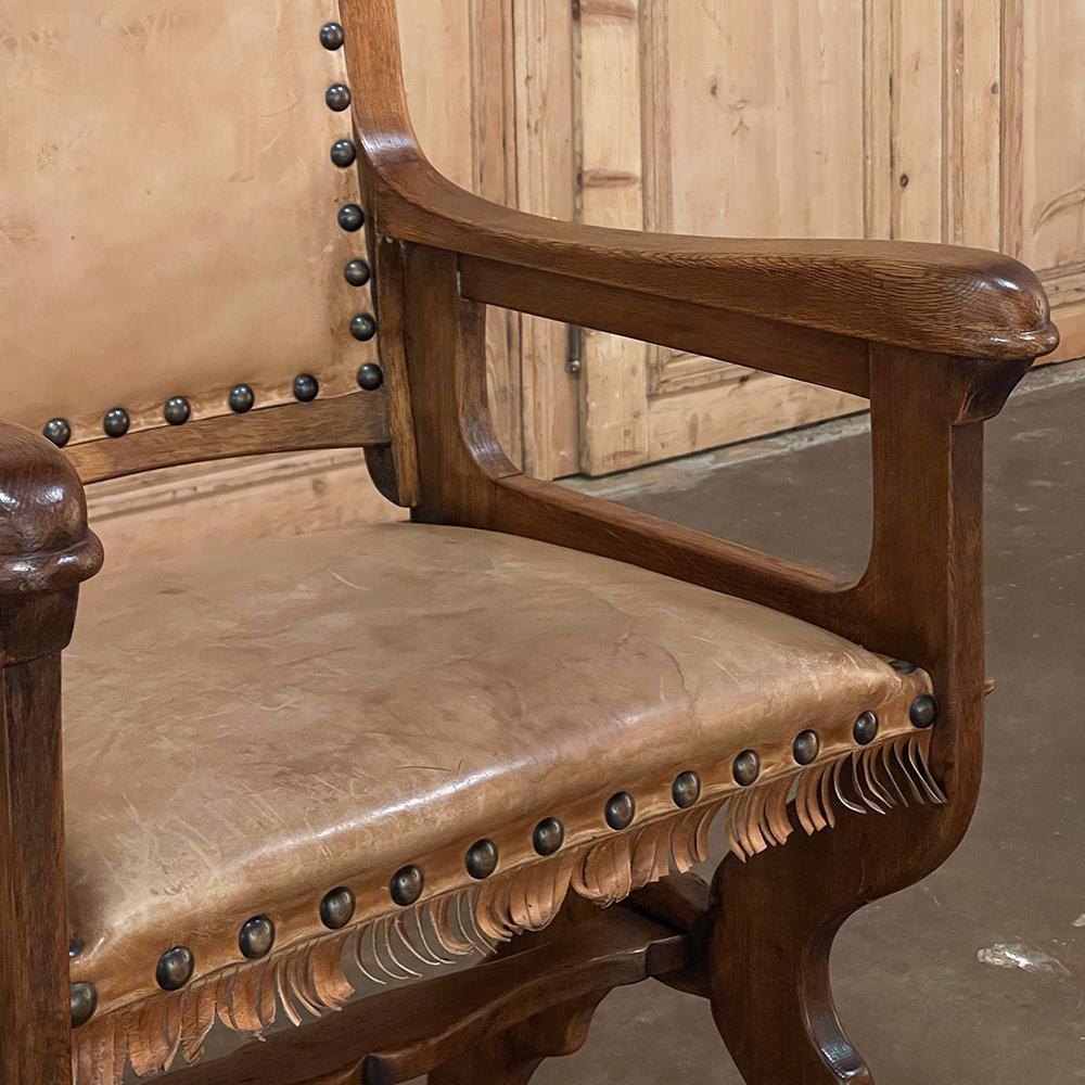 Leather Antique Rustic Neogothic Armchair For Sale