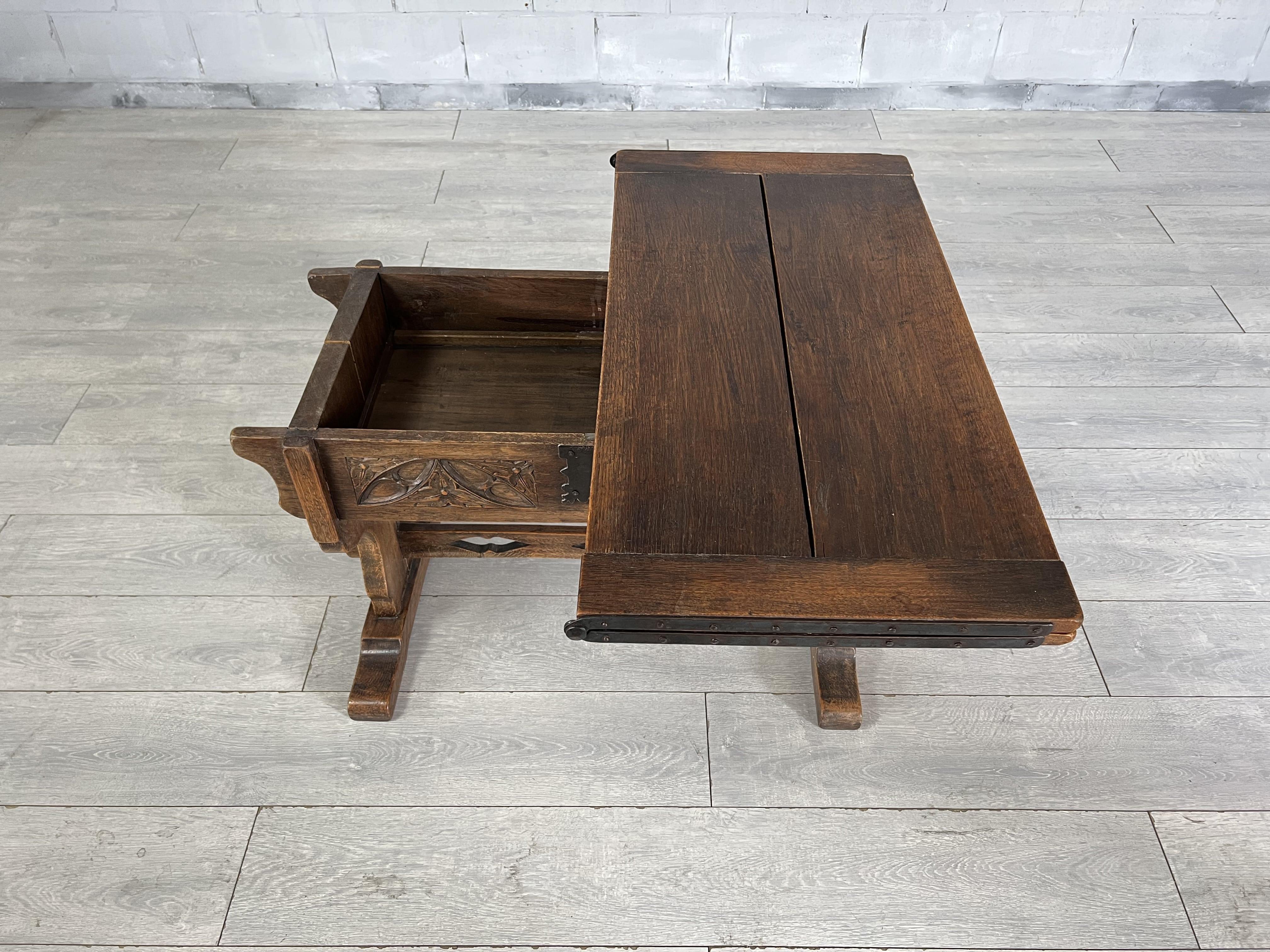 Antique Rustic Oak Extendable Coffee Side Table With Removable Top For Sale 5