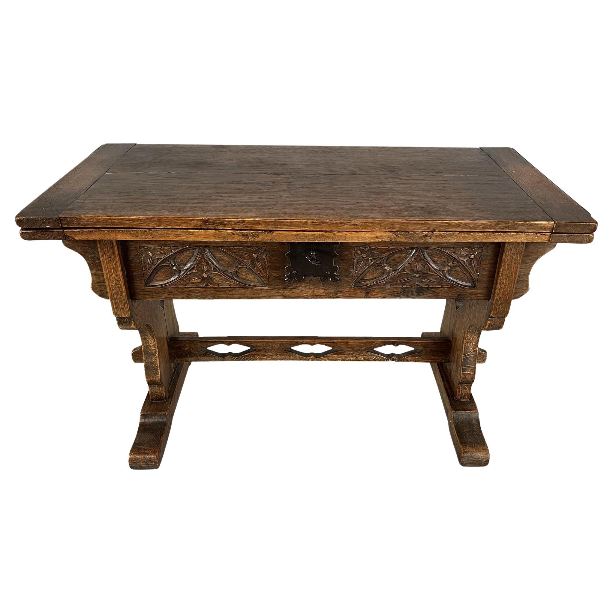 Antique Rustic Oak Extendable Coffee Side Table With Removable Top For Sale
