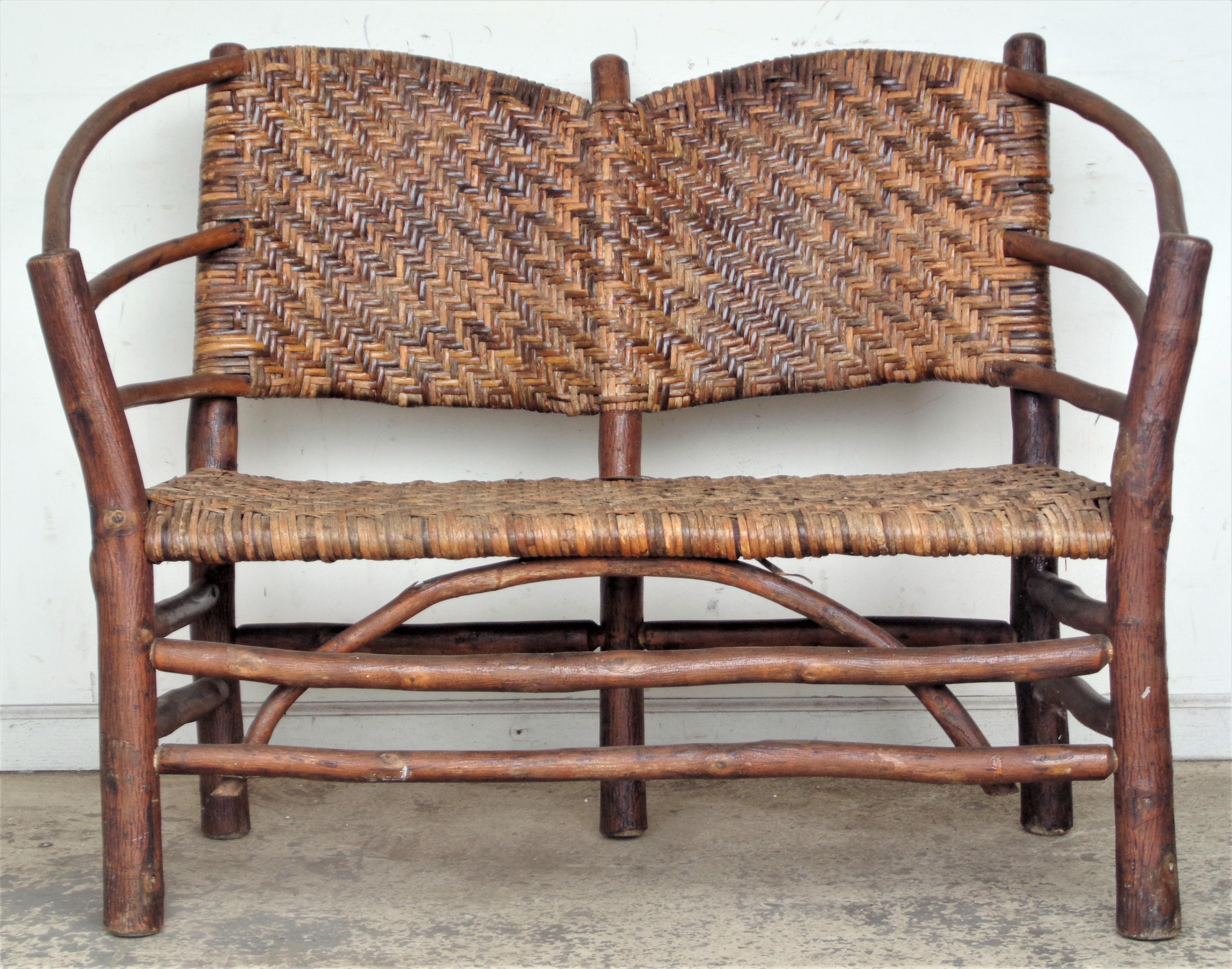 Antique rustic hickory with woven chevron pattern - settee, armchair and rocker in the style of Old Hickory Furniture Company of Martinsville, Indiana ( this set is not signed ) All three pieces are in very good all original condition, structurally