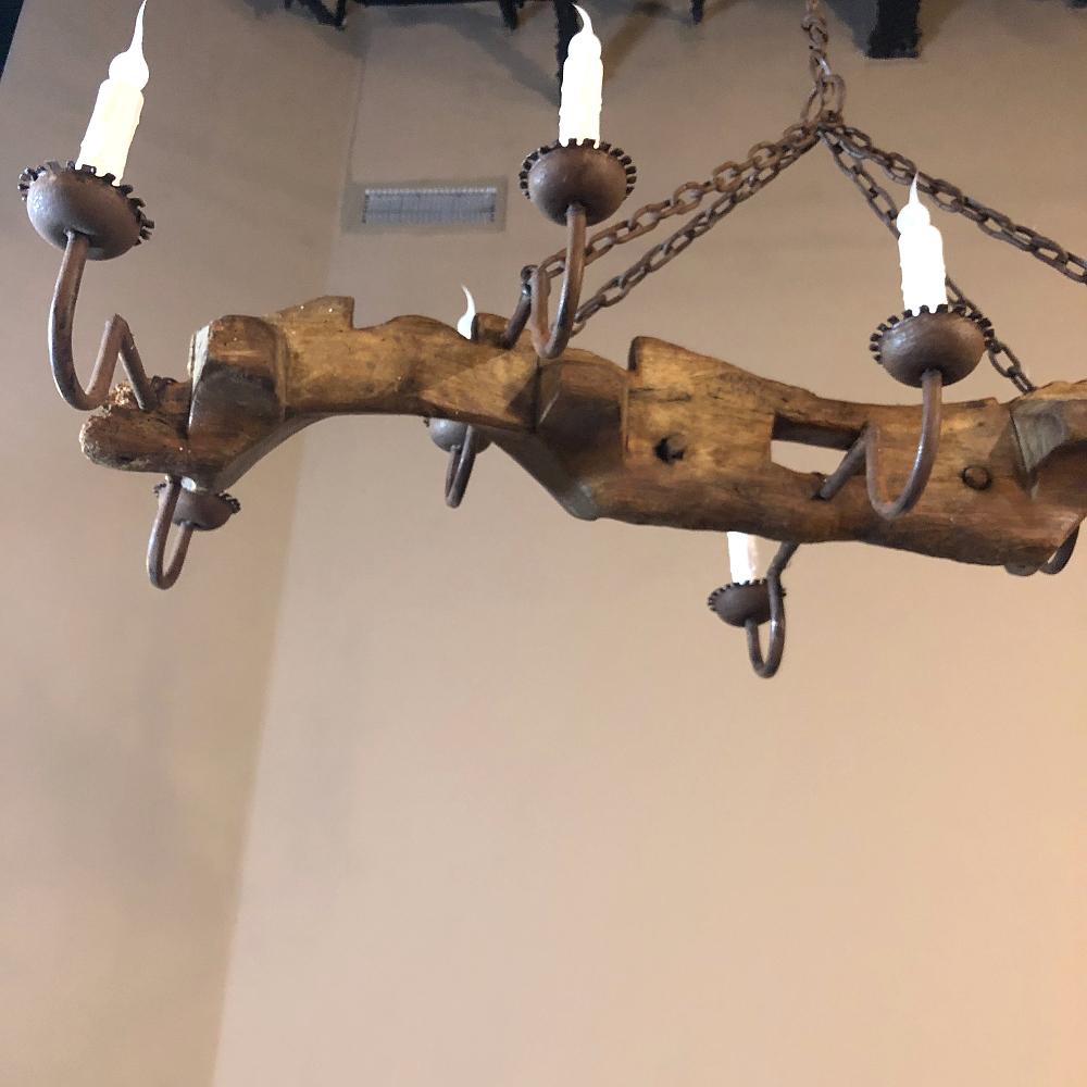Antique Rustic Ox Yoke with Wrought Iron Chandelier 2