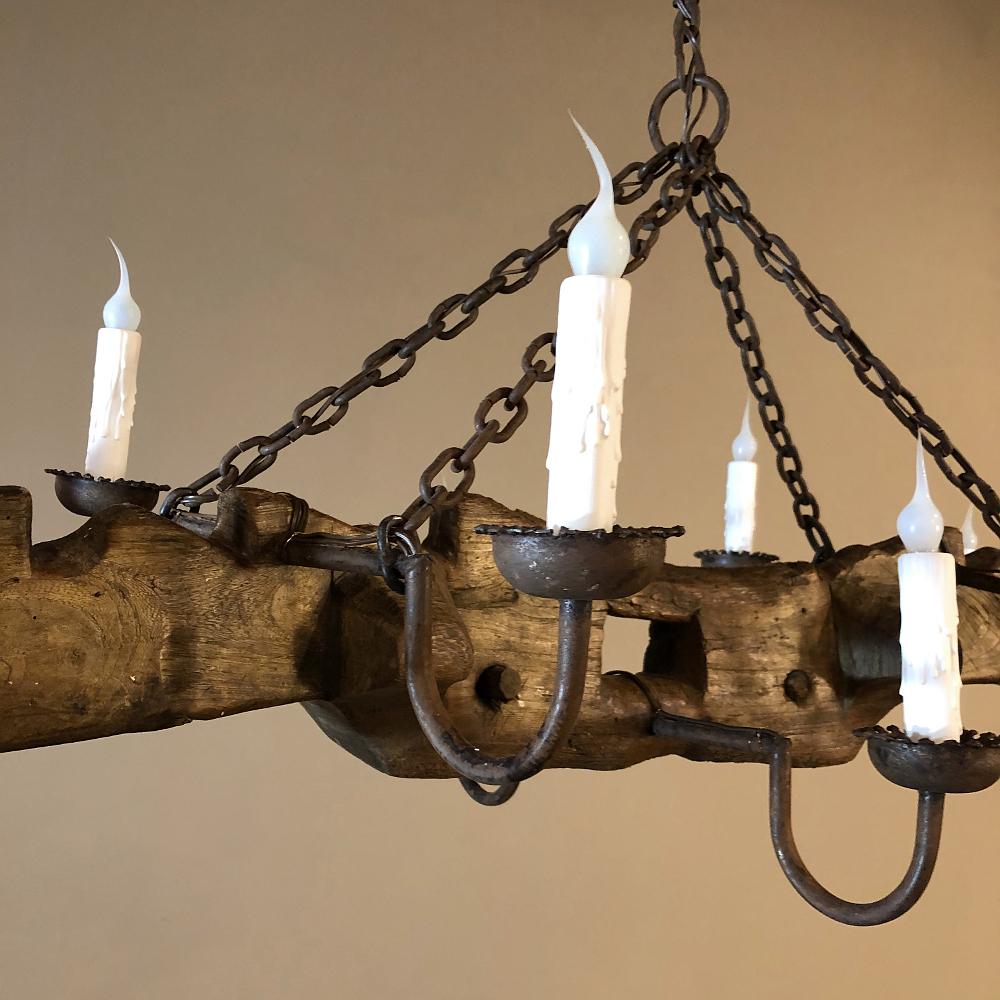 Hand-Crafted Antique Rustic Ox Yoke with Wrought Iron Chandelier