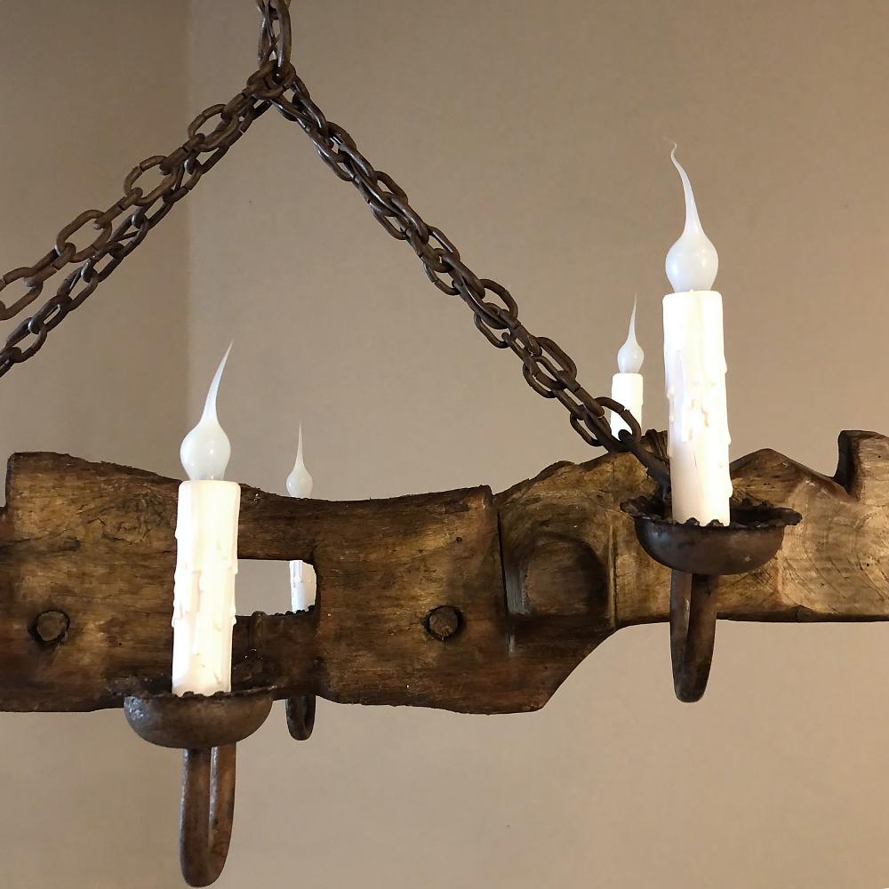 Antique Rustic Ox Yoke with Wrought Iron Chandelier In Good Condition In Dallas, TX