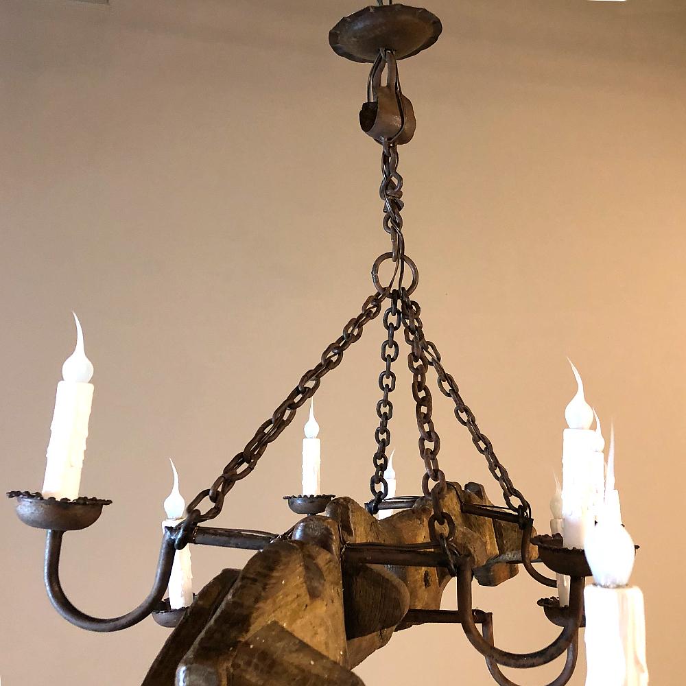 19th Century Antique Rustic Ox Yoke with Wrought Iron Chandelier