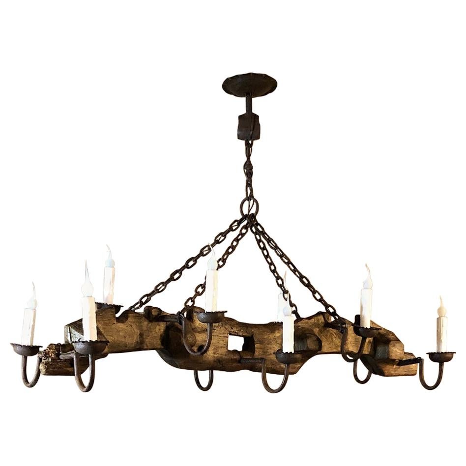 Antique Rustic Ox Yoke with Wrought Iron Chandelier