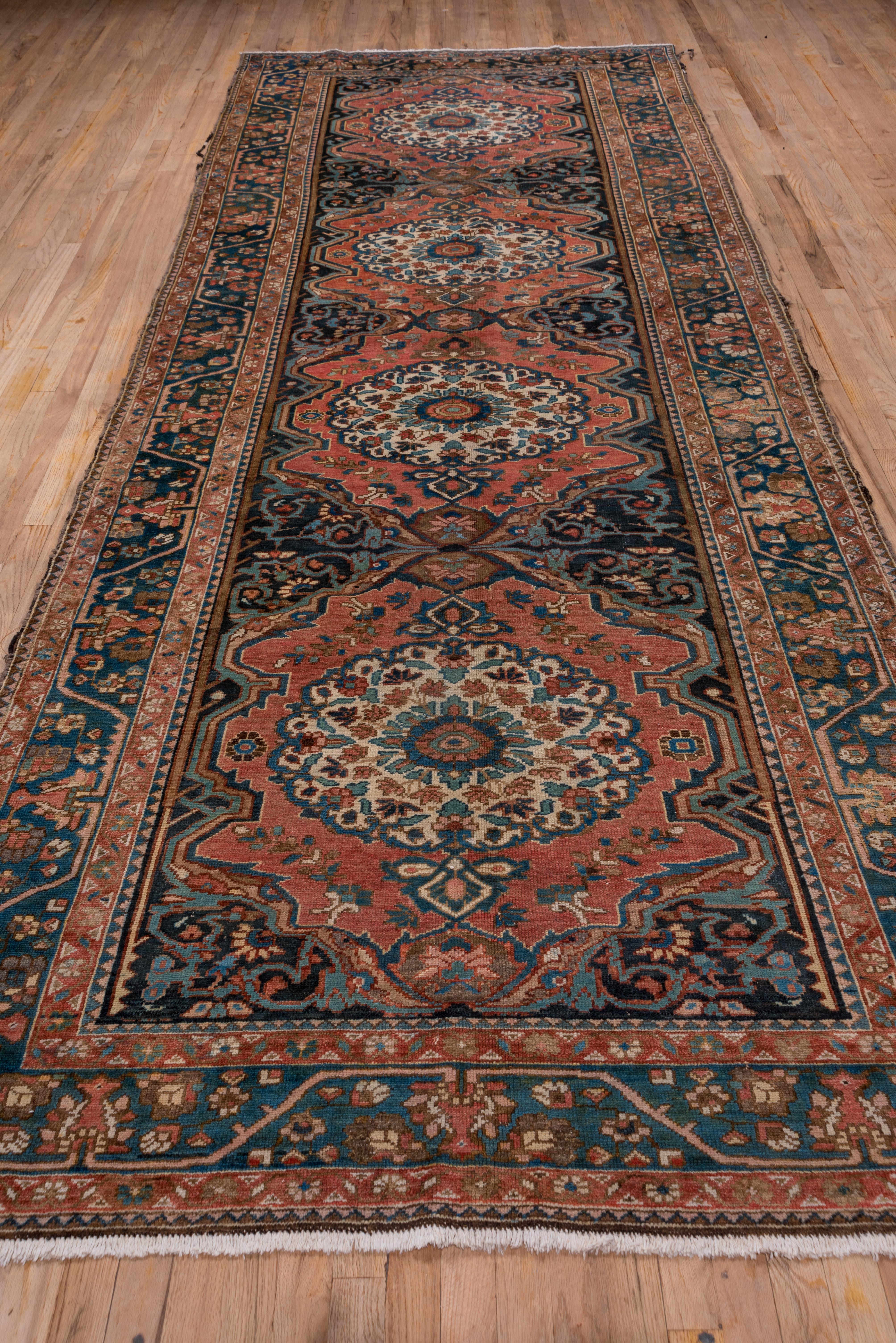 Early 20th Century Antique Rustic Persian Bakhtiary Gallery Carpet, Rose and Blue Field For Sale