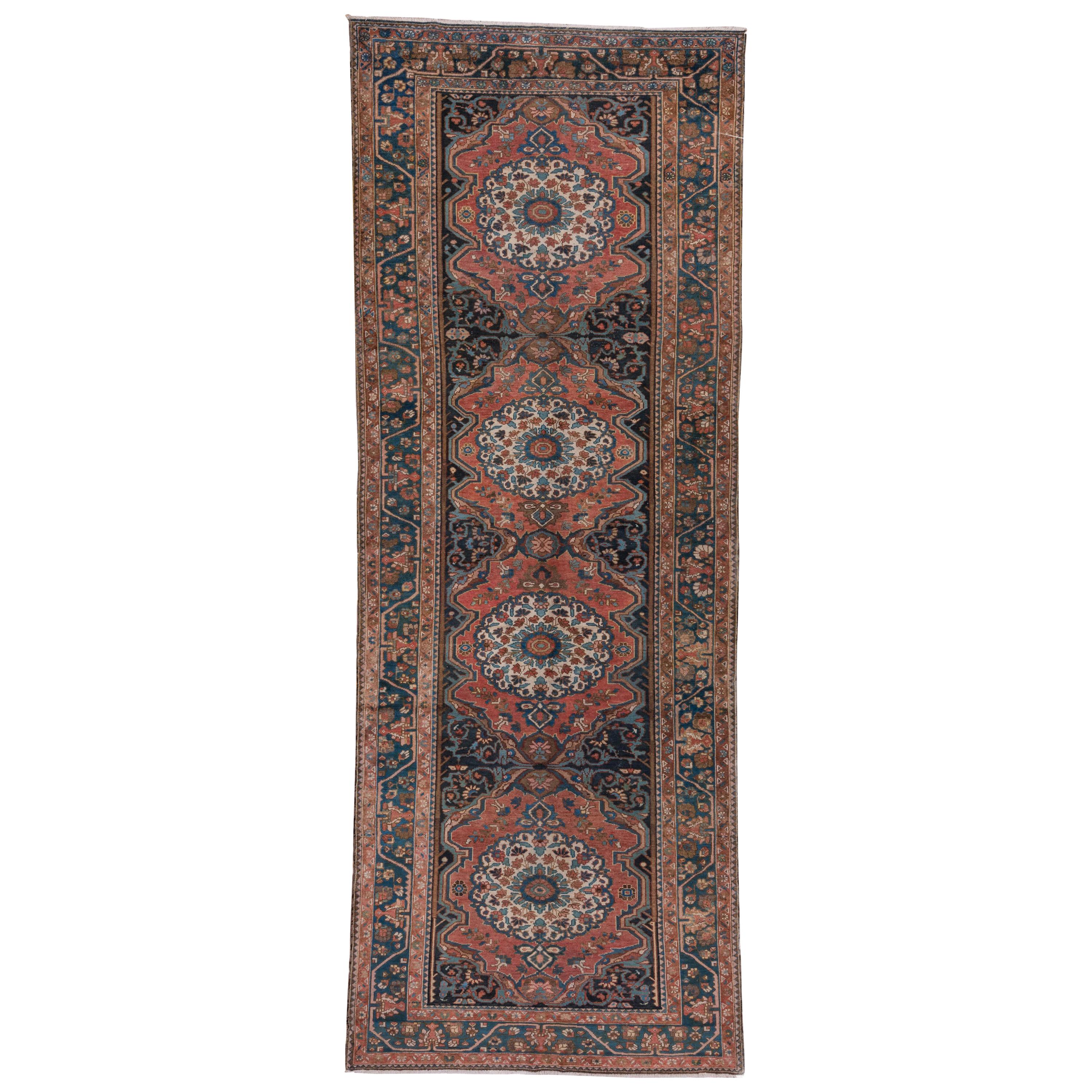 Antique Rustic Persian Bakhtiary Gallery Carpet, Rose and Blue Field For Sale