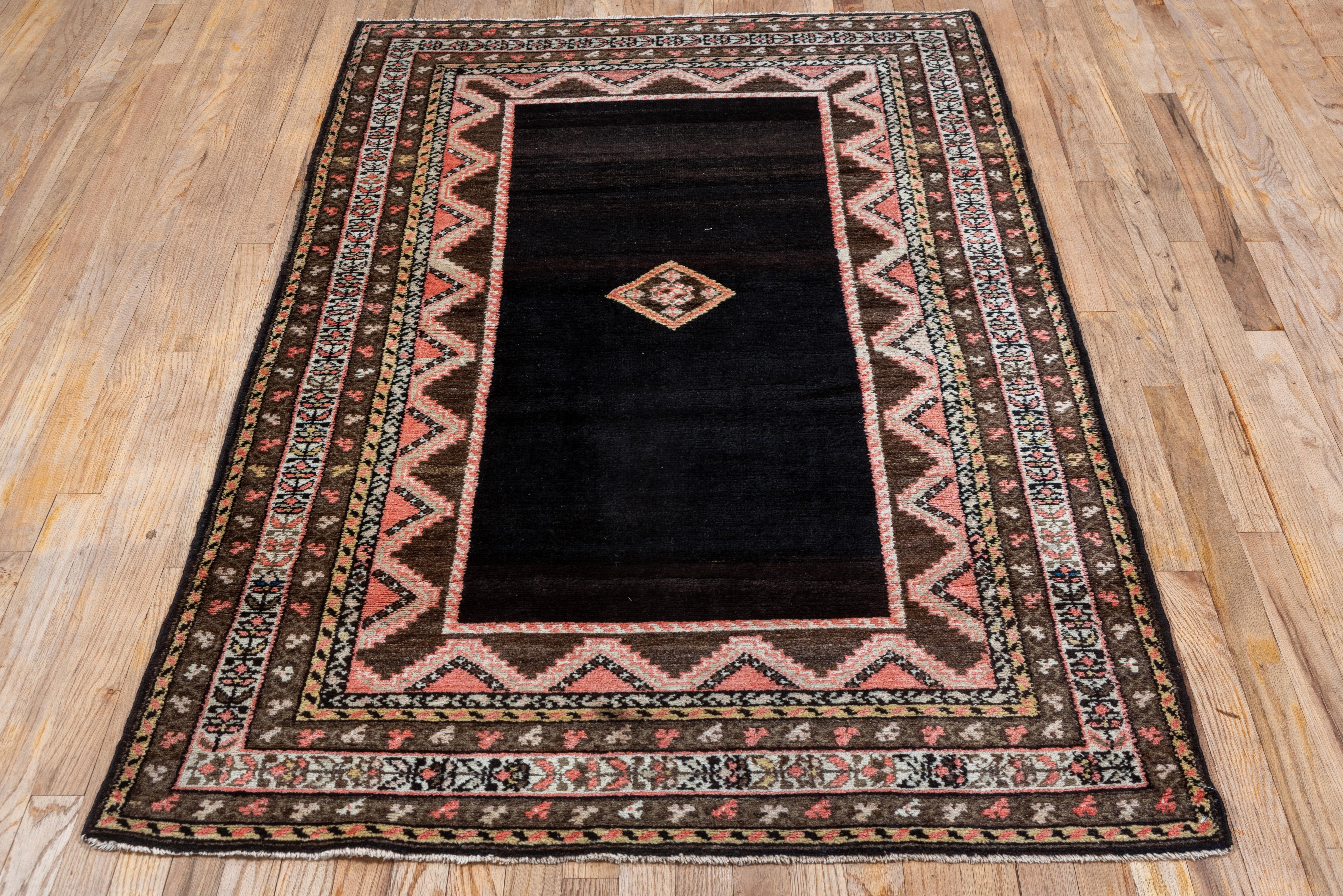 Antique Rustic Persian Hamadan Rug, Chocolate Brown Field, Pink Accents In Good Condition For Sale In New York, NY