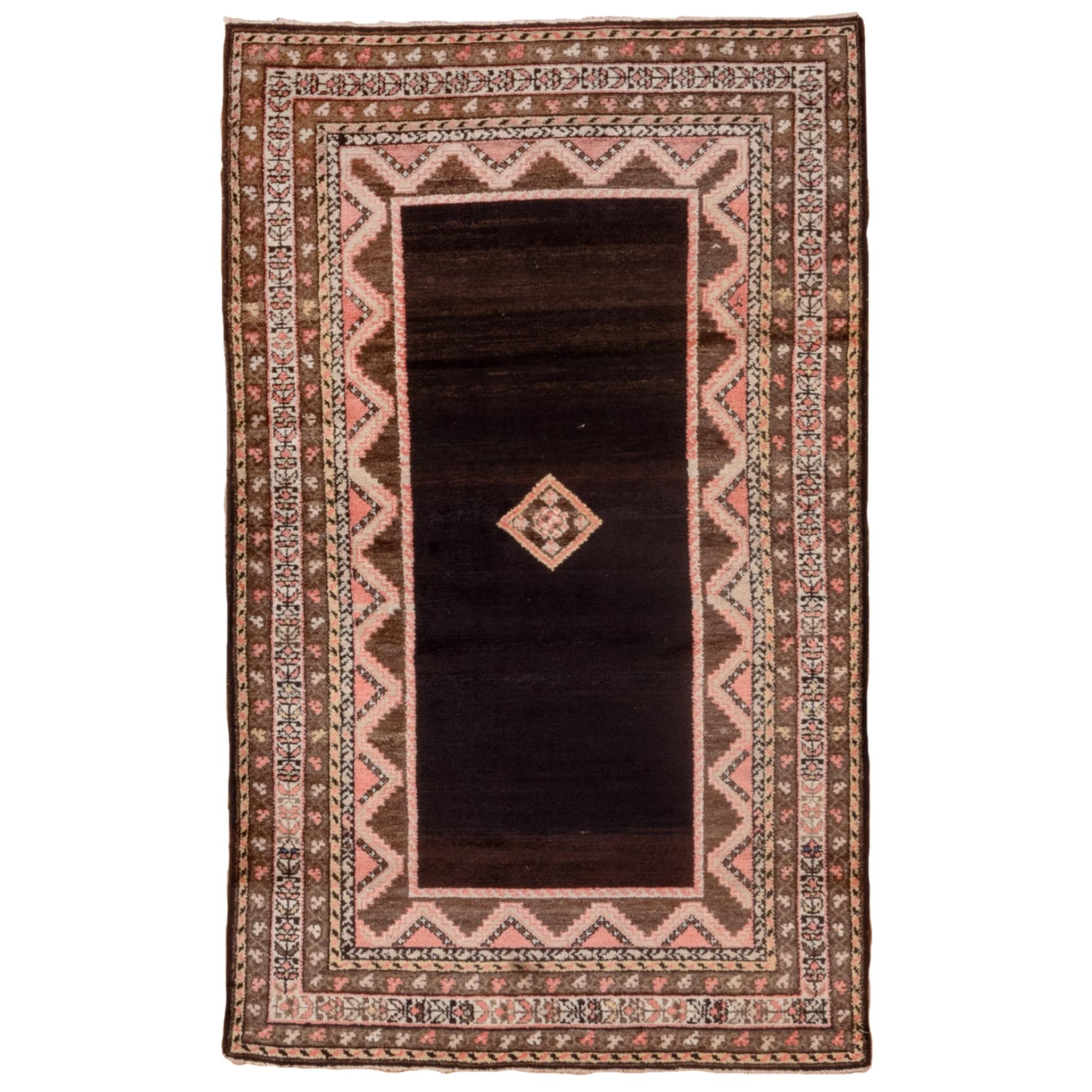 Antique Rustic Persian Hamadan Rug, Chocolate Brown Field, Pink Accents For Sale