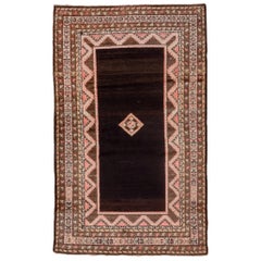 Vintage Rustic Persian Hamadan Rug, Chocolate Brown Field, Pink Accents