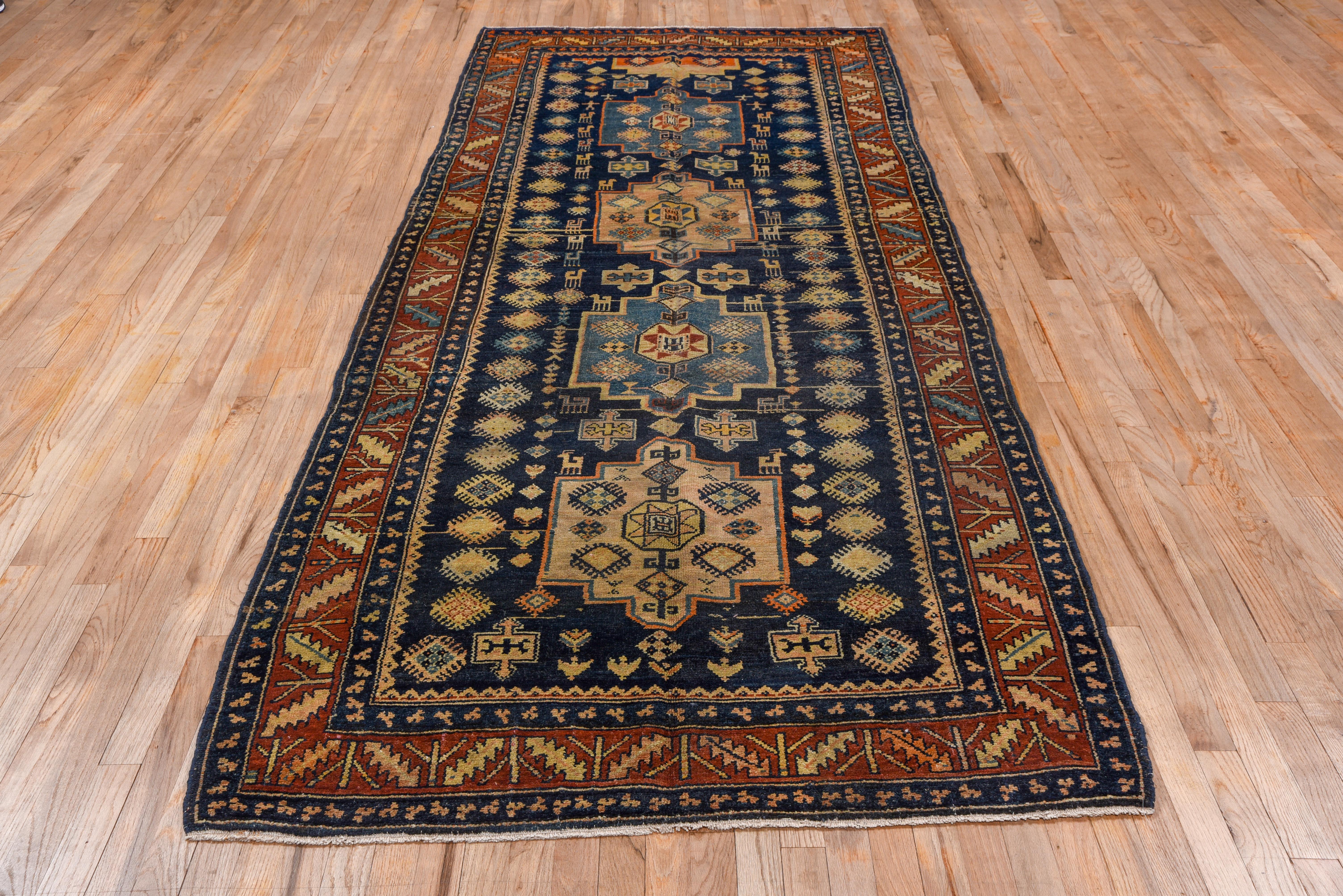 Antique Rustic Persian Hamadan Wide Runner, Navy Field, Rust Borders, Circa 1930 For Sale 1