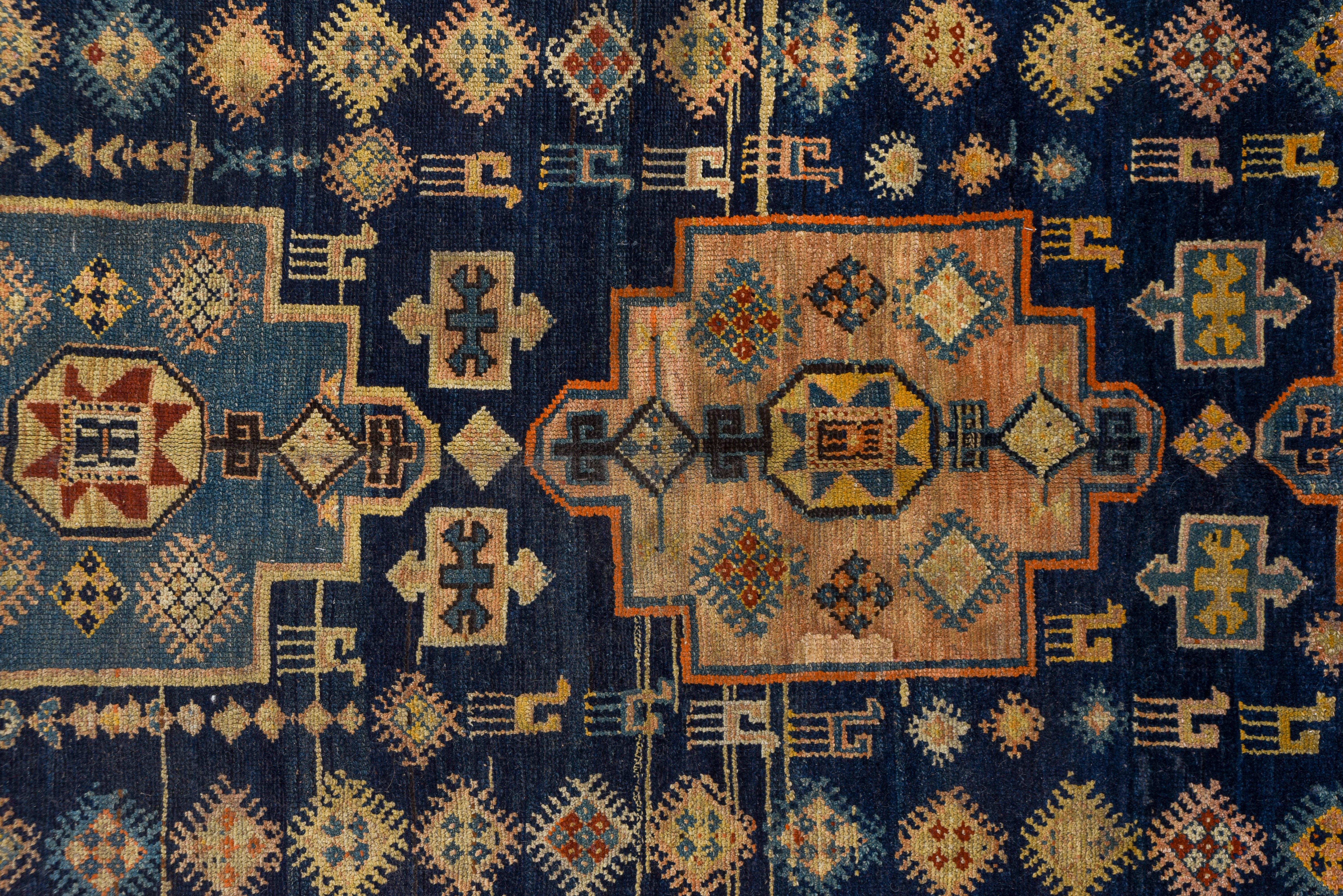 Antique Rustic Persian Hamadan Wide Runner, Navy Field, Rust Borders, Circa 1930 For Sale 2