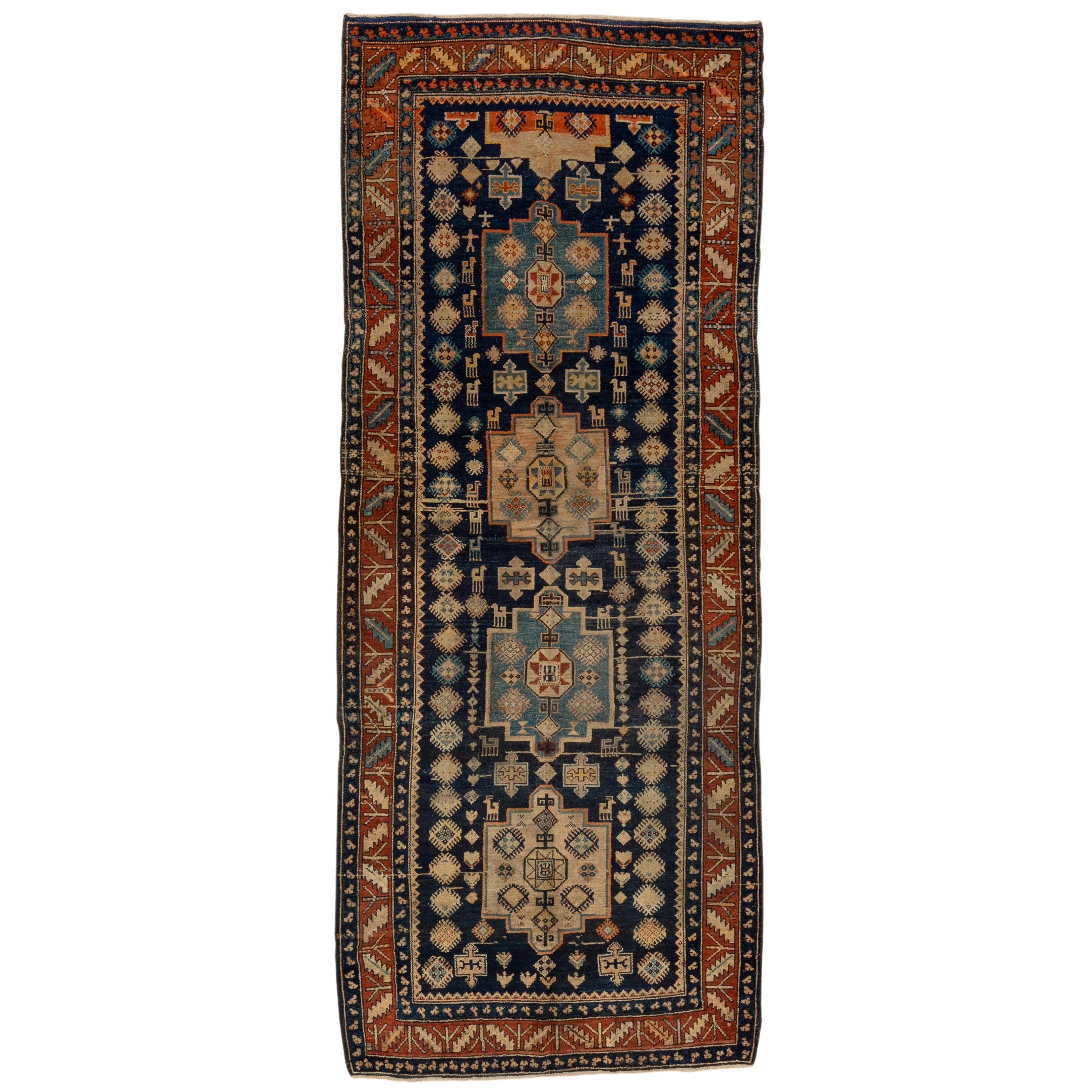 Antique Rustic Persian Hamadan Wide Runner, Navy Field, Rust Borders, Circa 1930