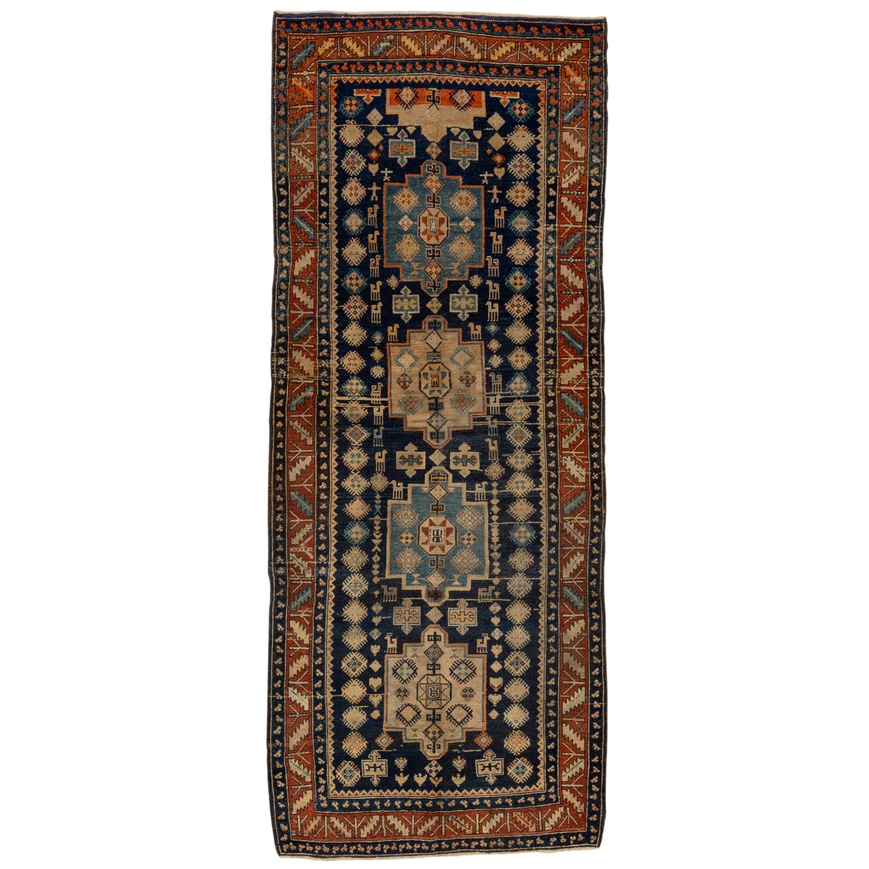 Antique Rustic Persian Hamadan Wide Runner, Navy Field, Rust Borders, Circa 1930 For Sale