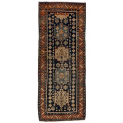 Vintage Rustic Persian Hamadan Wide Runner, Navy Field, Rust Borders, Circa 1930