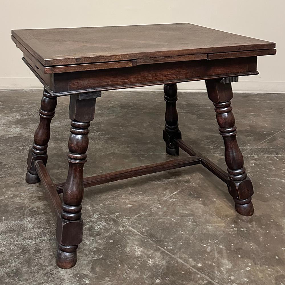 Antique Rustic Petite Draw Leaf Dining Table ~ Breakfast Table is perfect for a cozy breakfast nook or an efficient floor plan.  The parquet top conceals two independent leaves that when are both deployed, increase the length of the table to 5'3