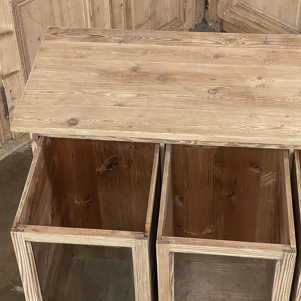 Glass Antique Rustic Pine Bin Style Store Counter in Stripped Pine For Sale