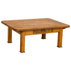 Antique Rustic Pine Coffee Table with Single Drawer