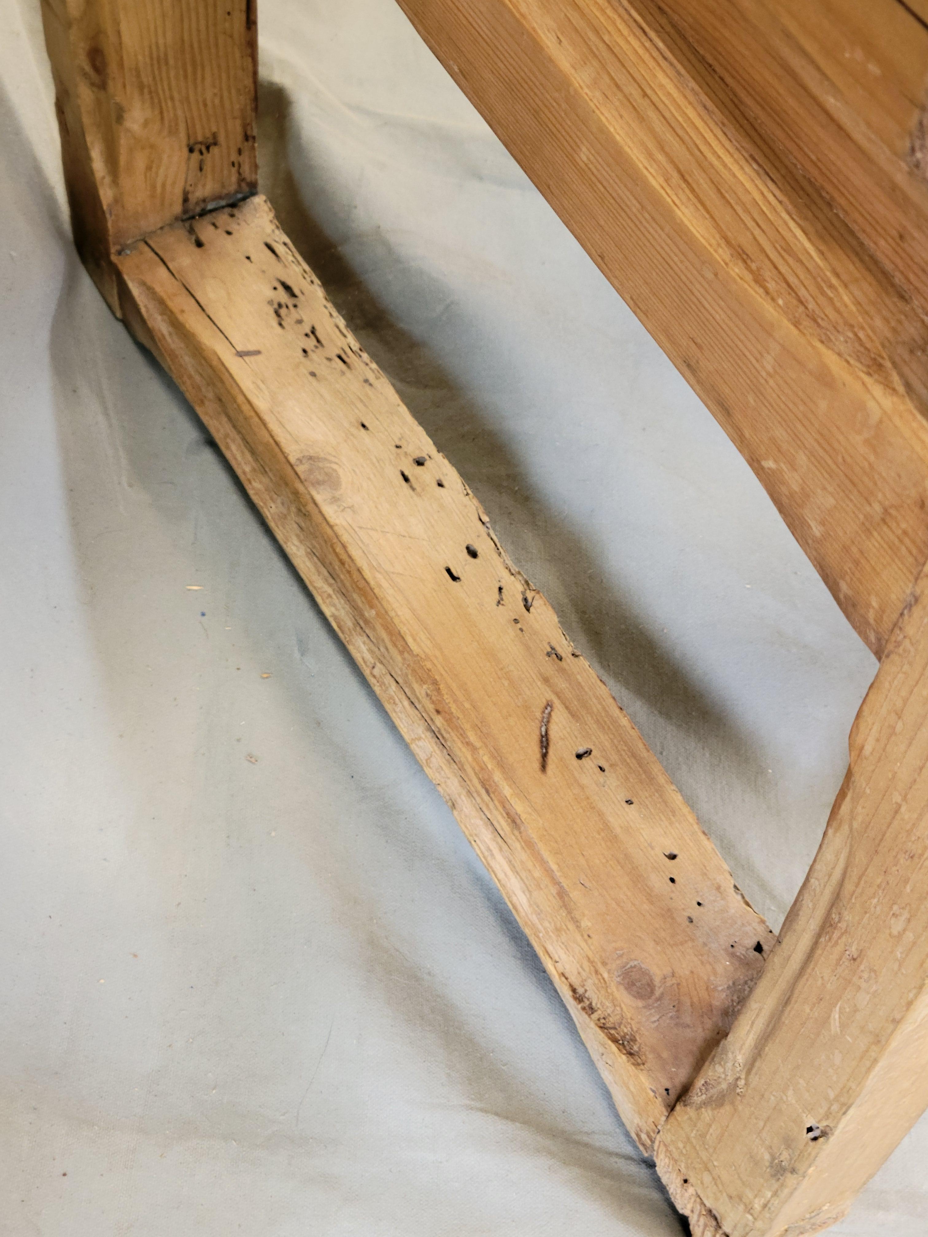 Antique Rustic Pine Long Settle Bench Banquette Seating With Cushion For Sale 8