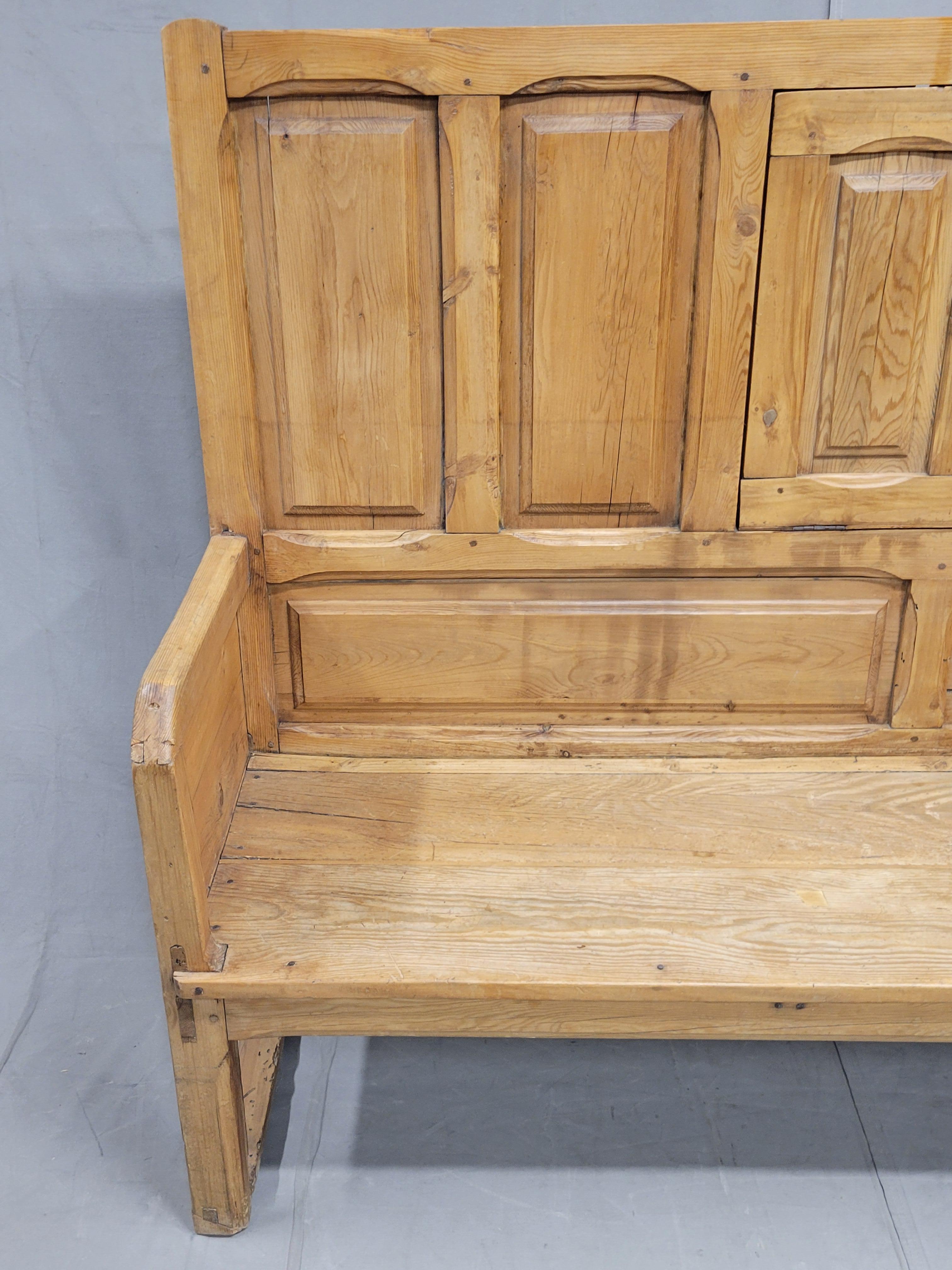 Hand-Crafted Antique Rustic Pine Long Settle Bench Banquette Seating With Cushion For Sale