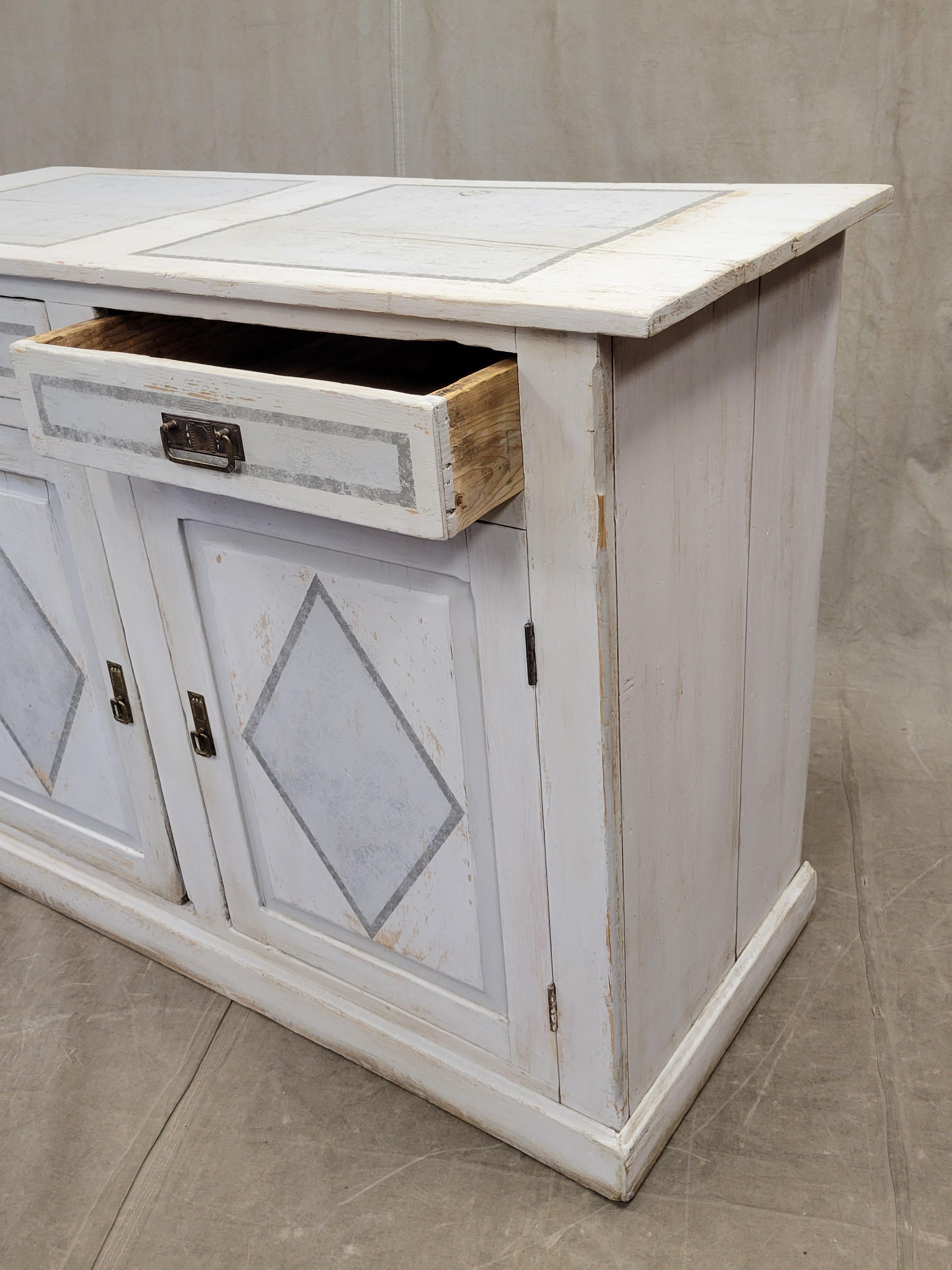 Hand-Crafted Antique Rustic Pine Sideboard With White and Gray Paint