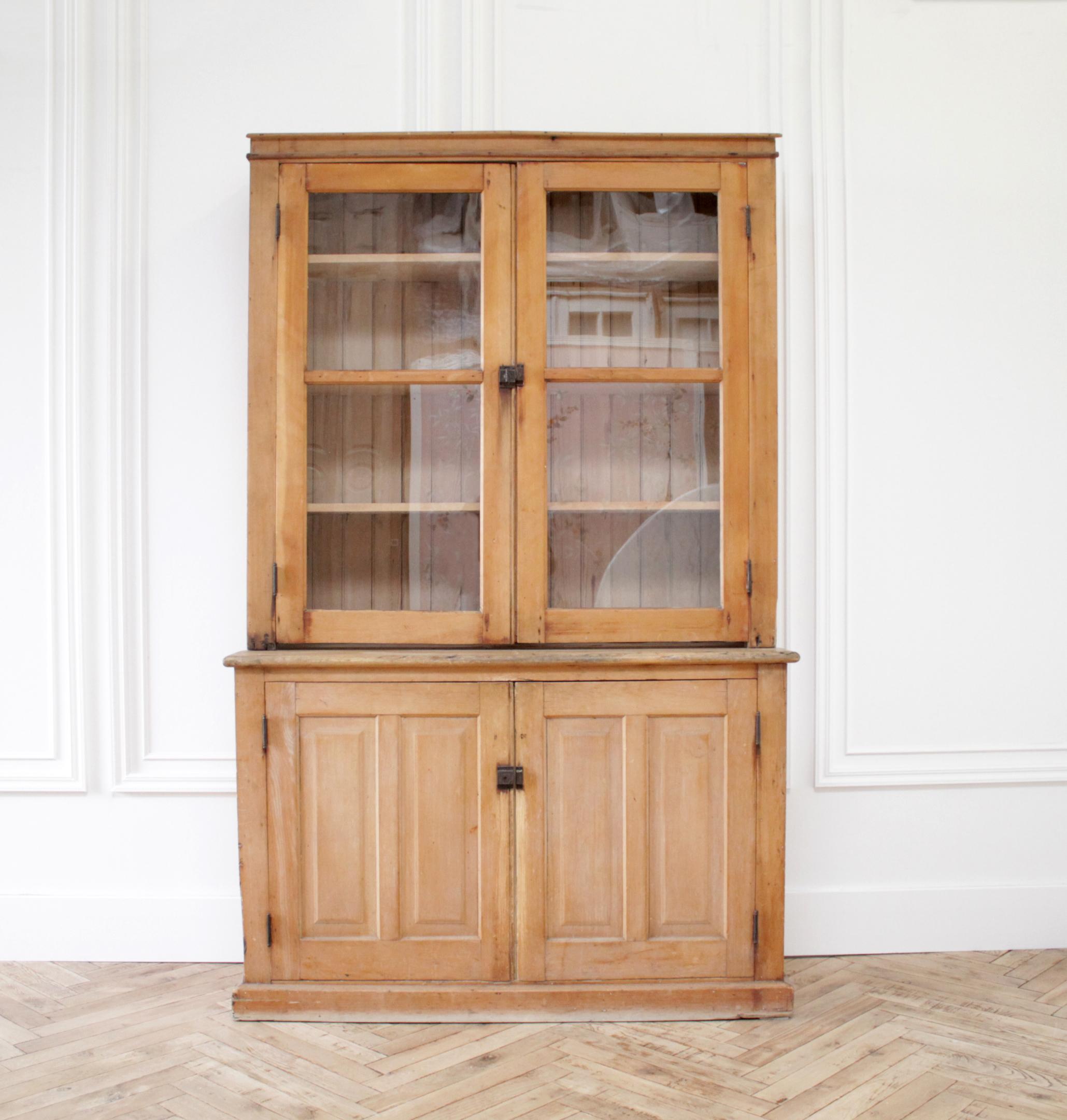 antique pine cabinet with glass doors