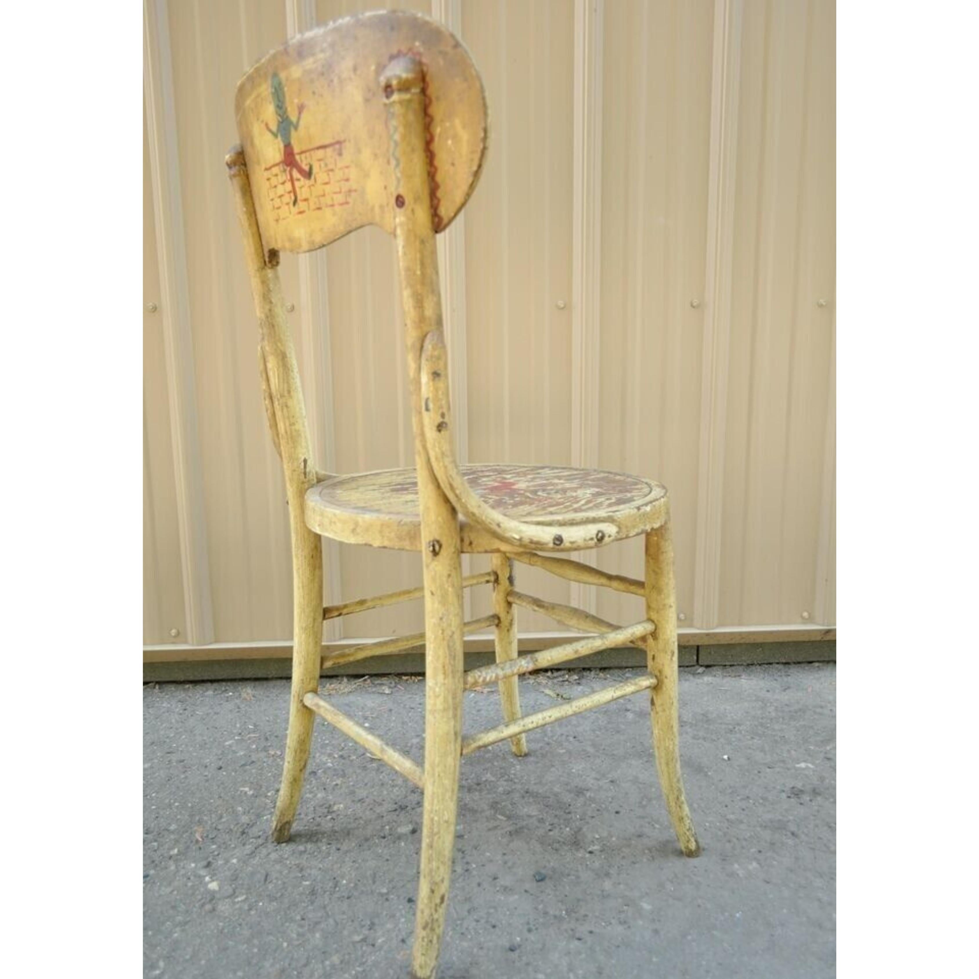 Antique Rustic Primitive Distress Hand Painted Nursery Rhymes Side Accent Chair For Sale 5