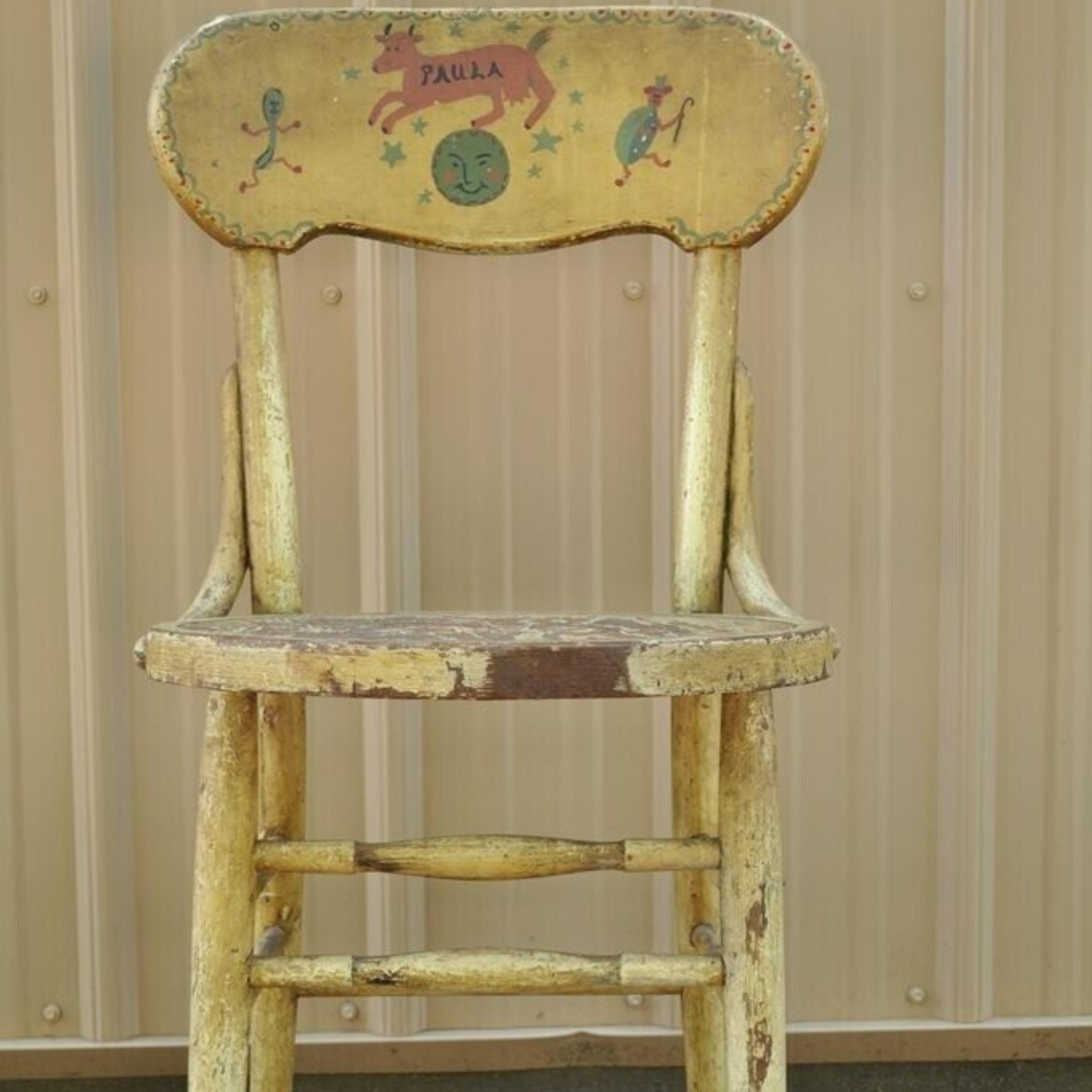 Antique Rustic Primitive Distress Hand Painted Nursery Rhymes Side Accent Chair. Item features the original hand painted back splat, stretcher base, very nice antique item. Circa Early 1900s. Measurements: 33.5