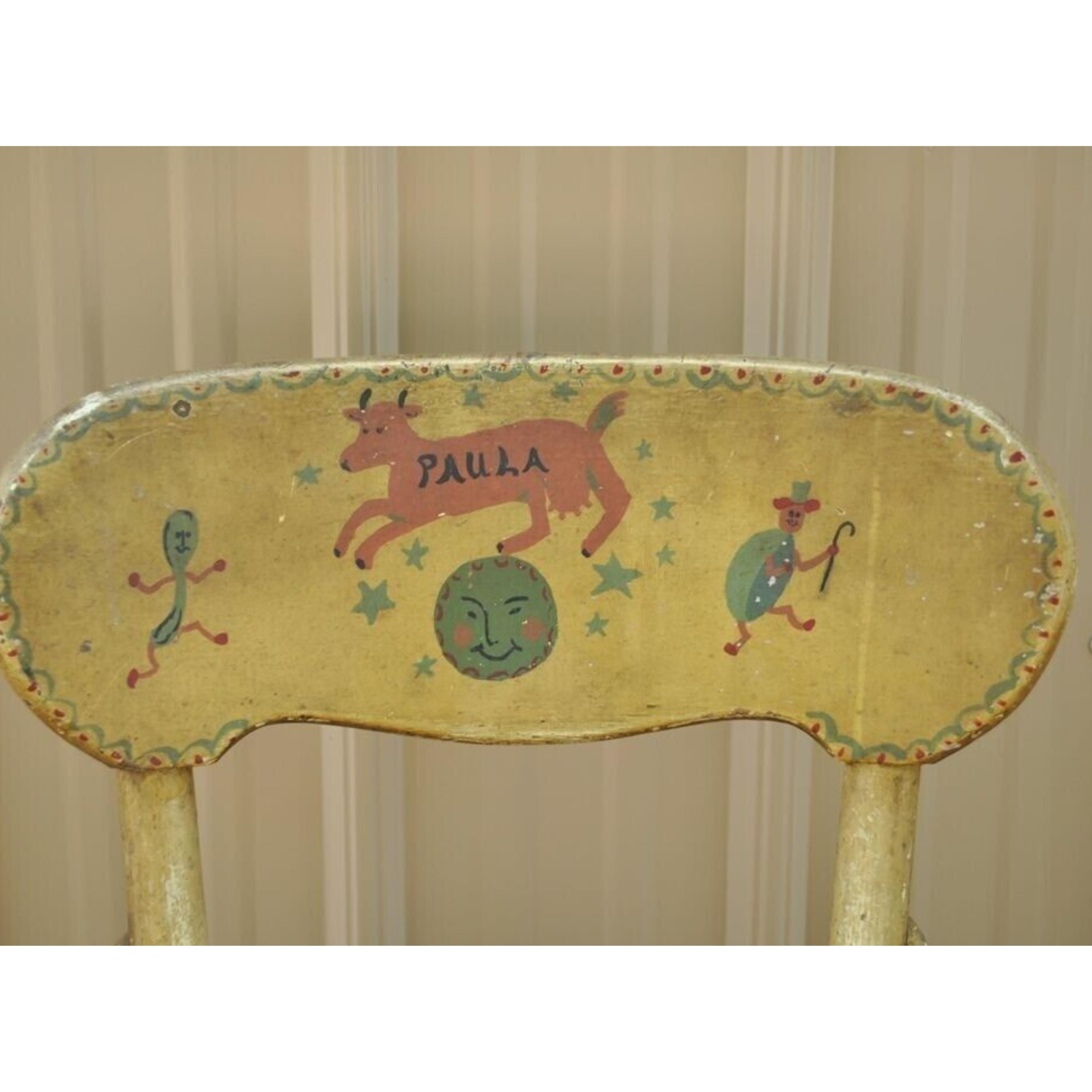 Antique Rustic Primitive Distress Hand Painted Nursery Rhymes Side Accent Chair In Good Condition For Sale In Philadelphia, PA