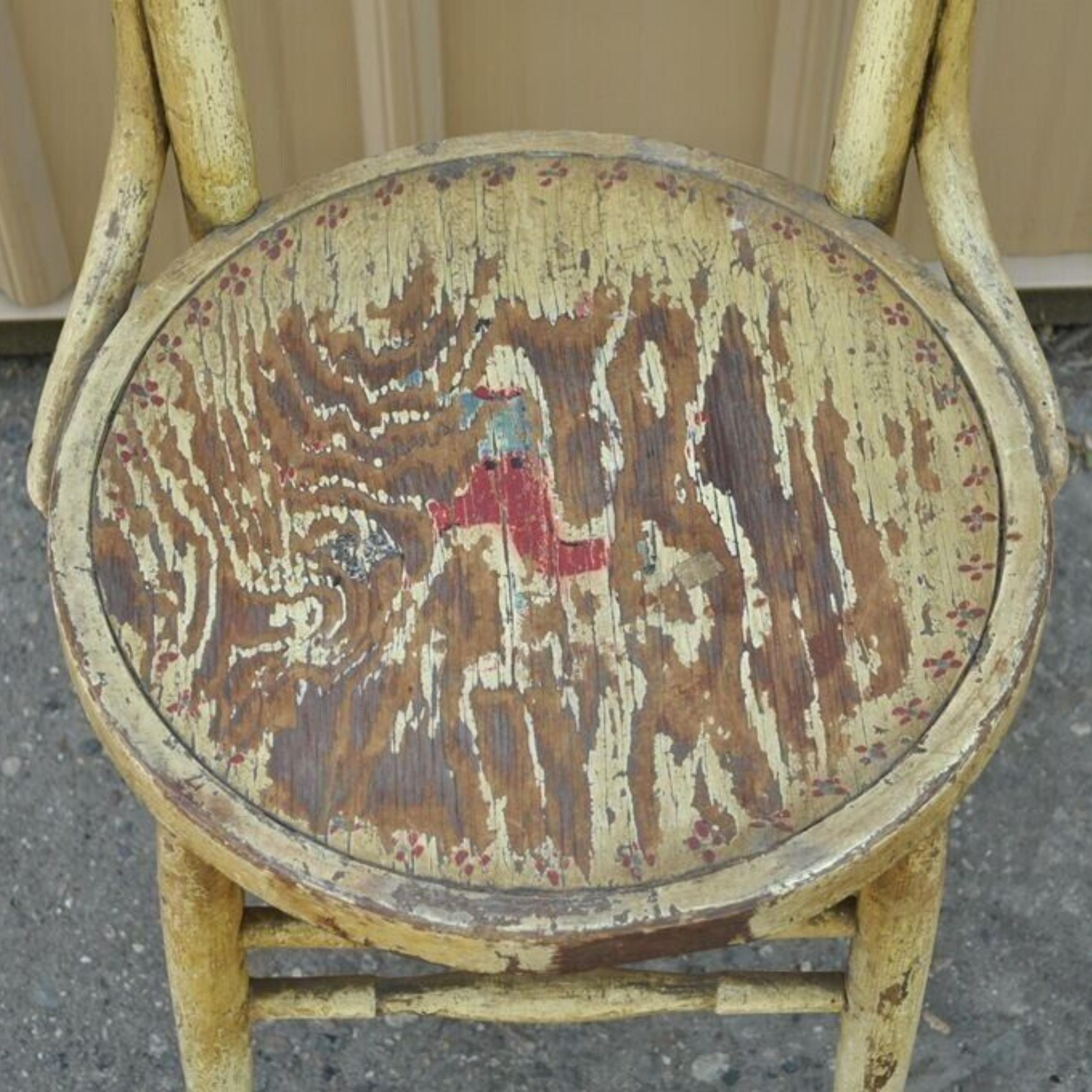 Wood Antique Rustic Primitive Distress Hand Painted Nursery Rhymes Side Accent Chair For Sale