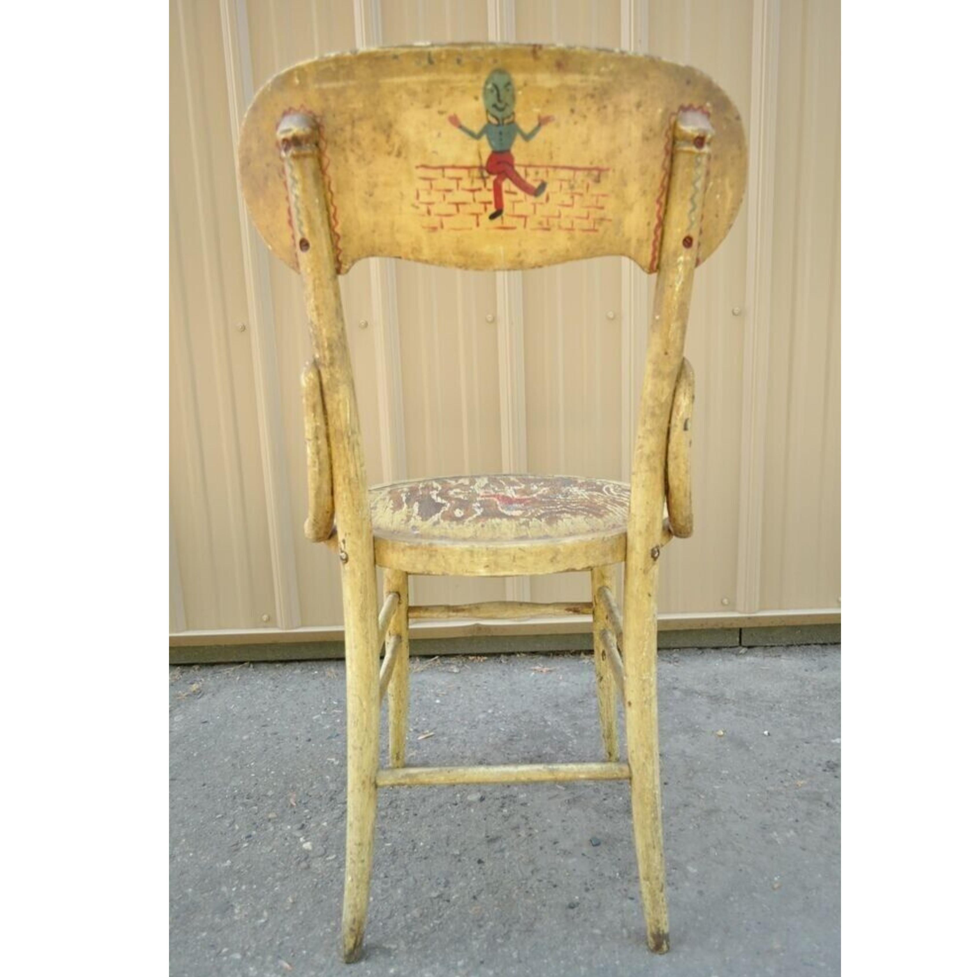 Antique Rustic Primitive Distress Hand Painted Nursery Rhymes Side Accent Chair For Sale 3
