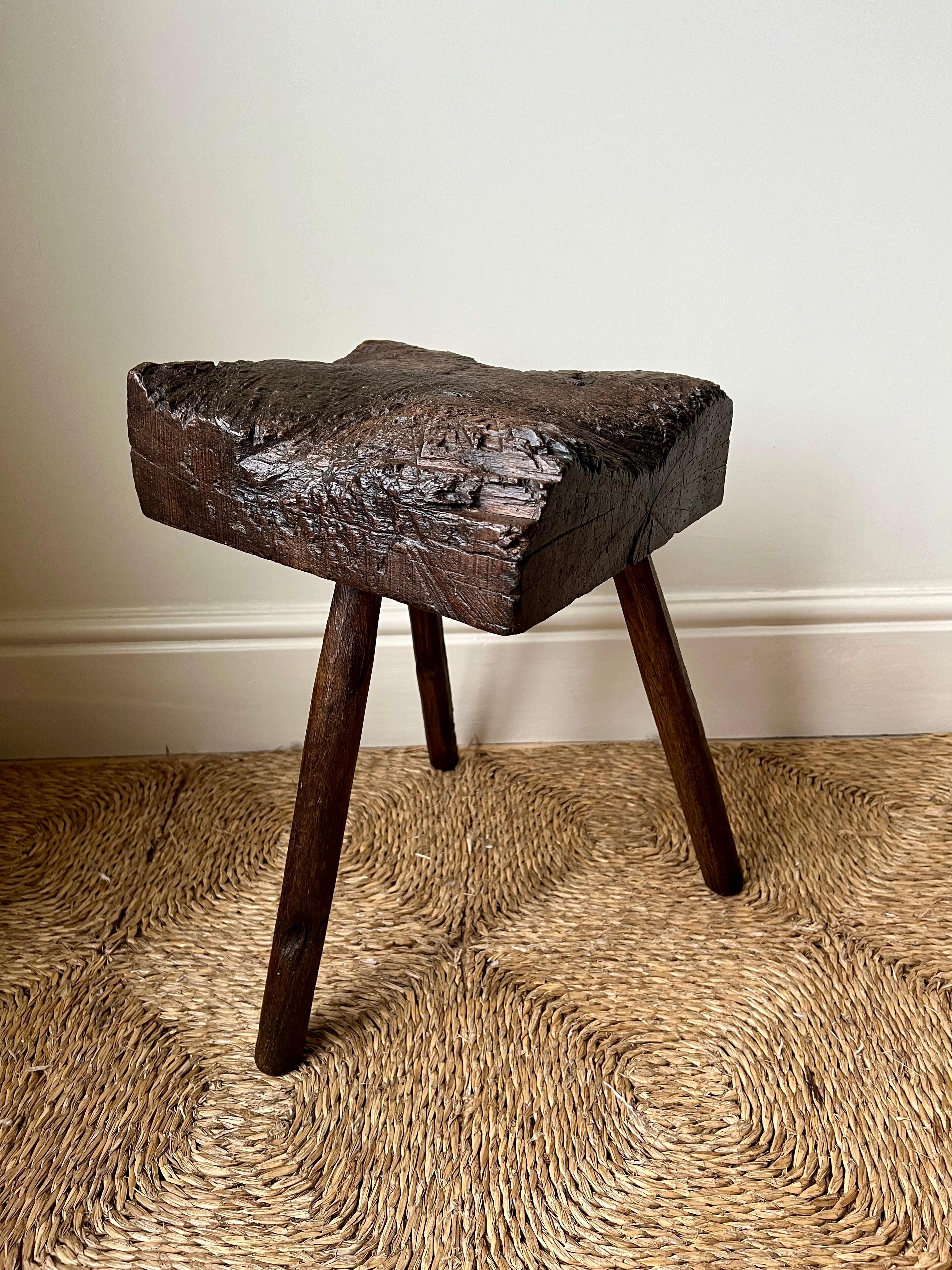 Antique rustic primitive elm thatcher's stool, England c.19th century 6
