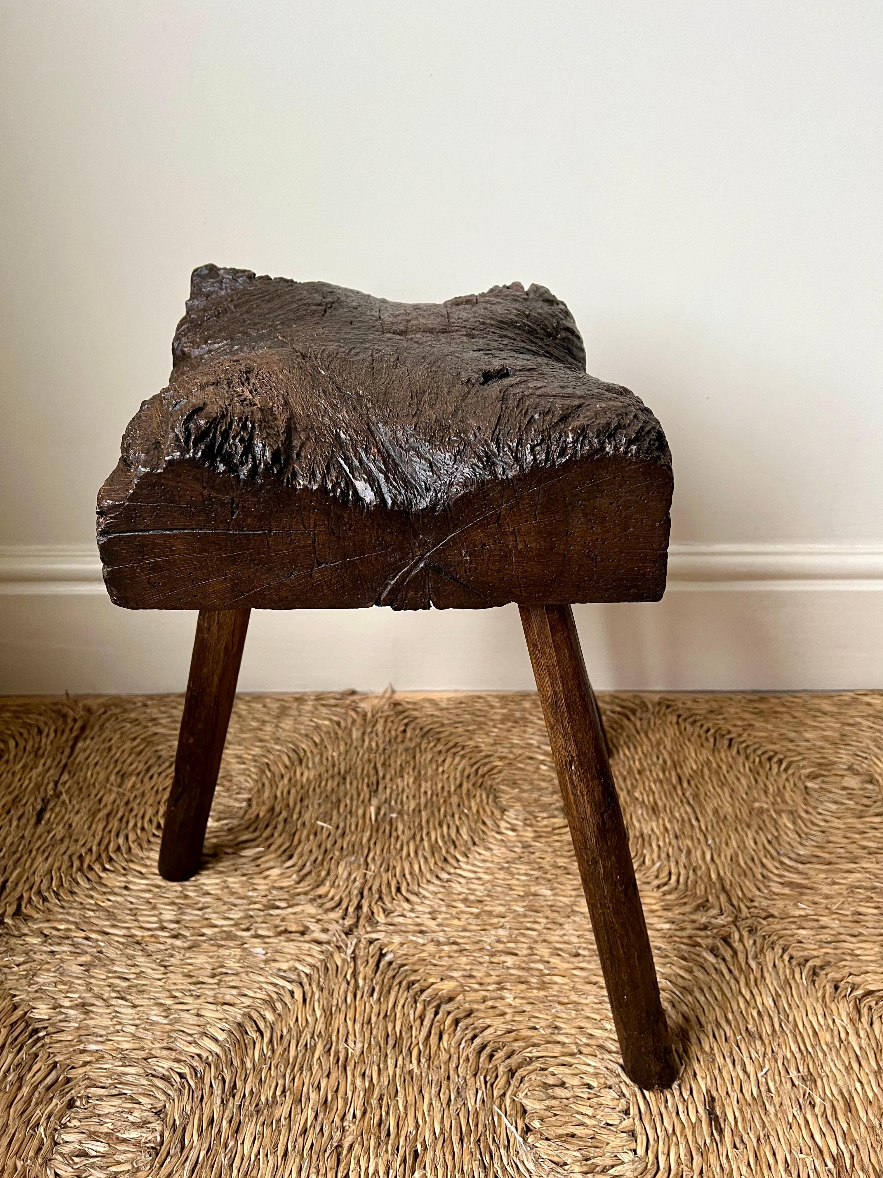 Antique rustic primitive elm thatcher's stool, England c.19th century 7