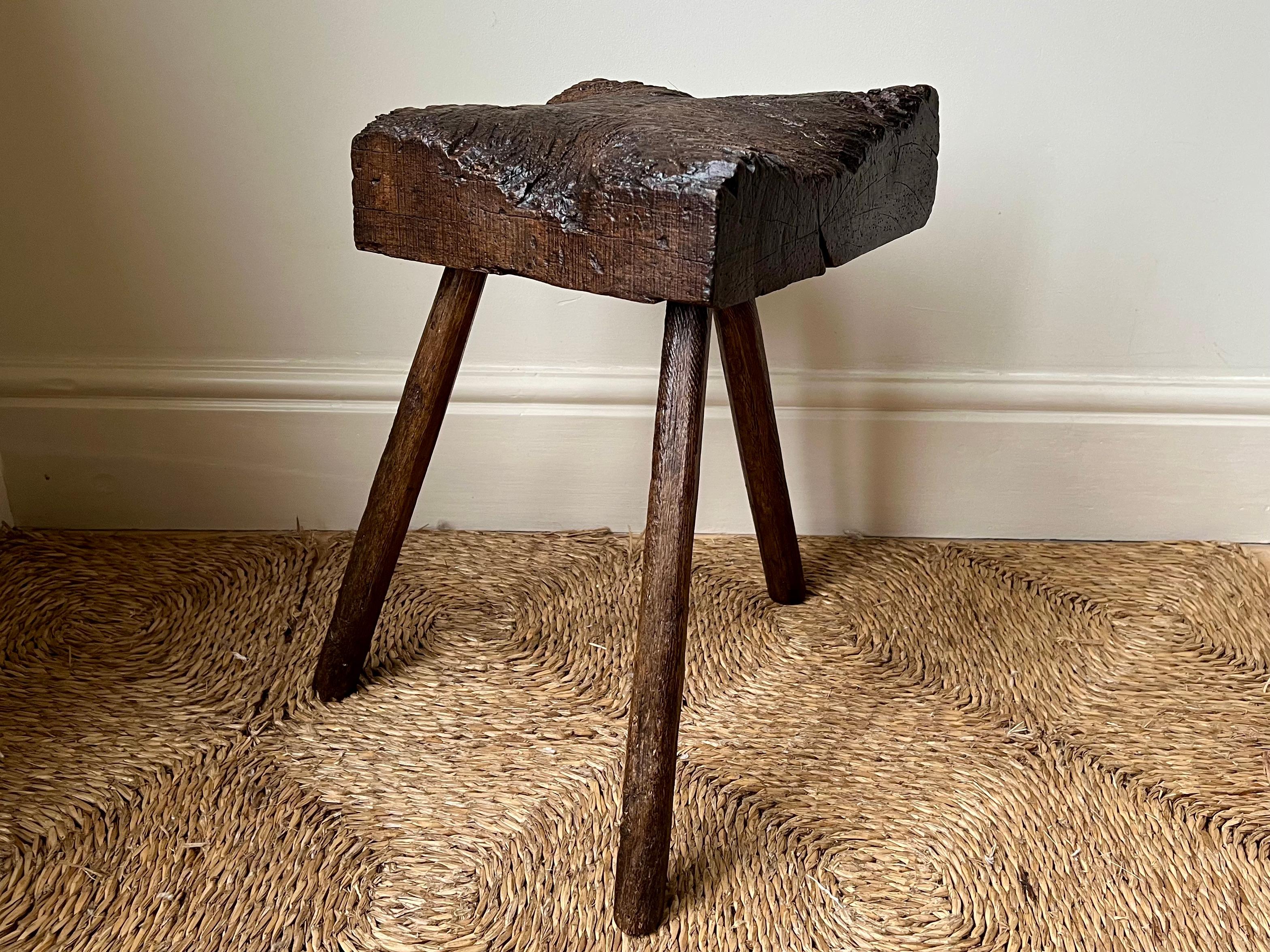 Antique rustic primitive elm thatcher's stool, England c.19th century 1