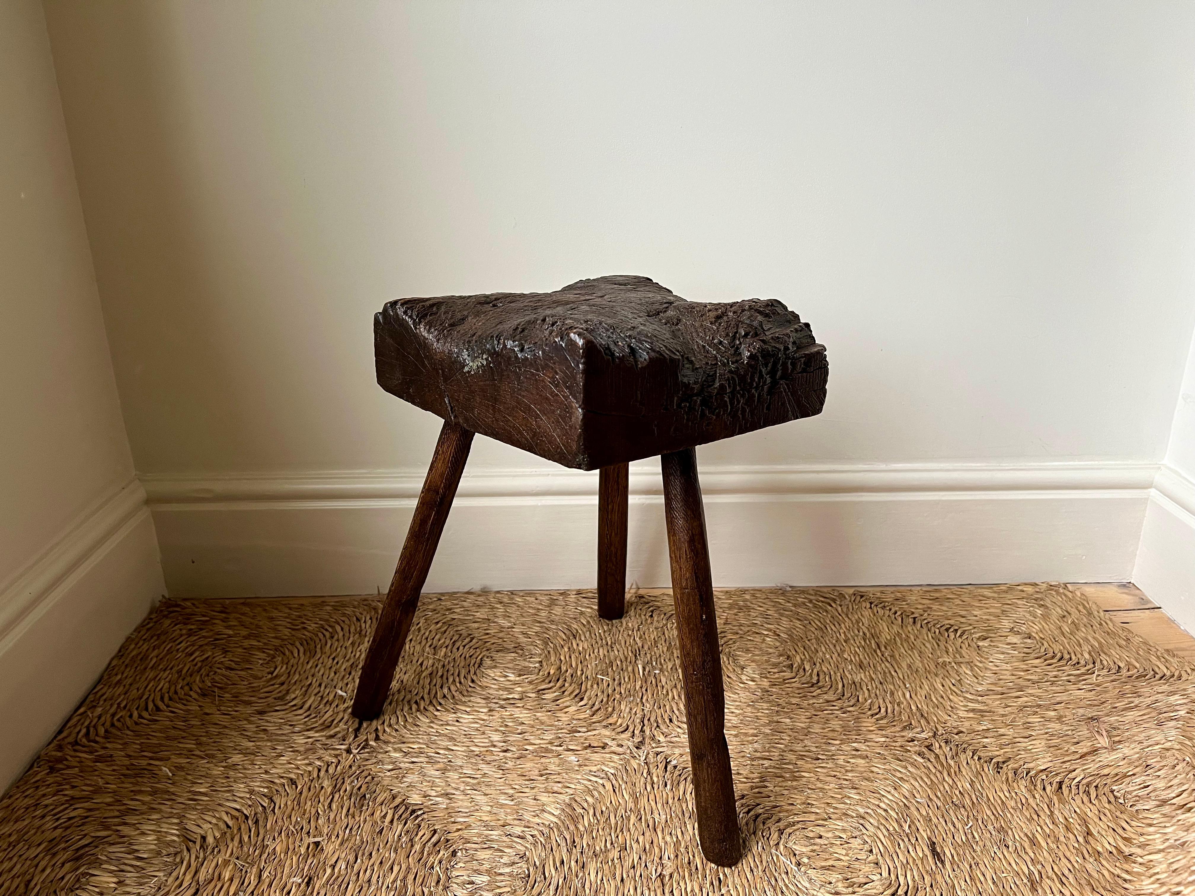 Antique rustic primitive elm thatcher's stool, England c.19th century 3