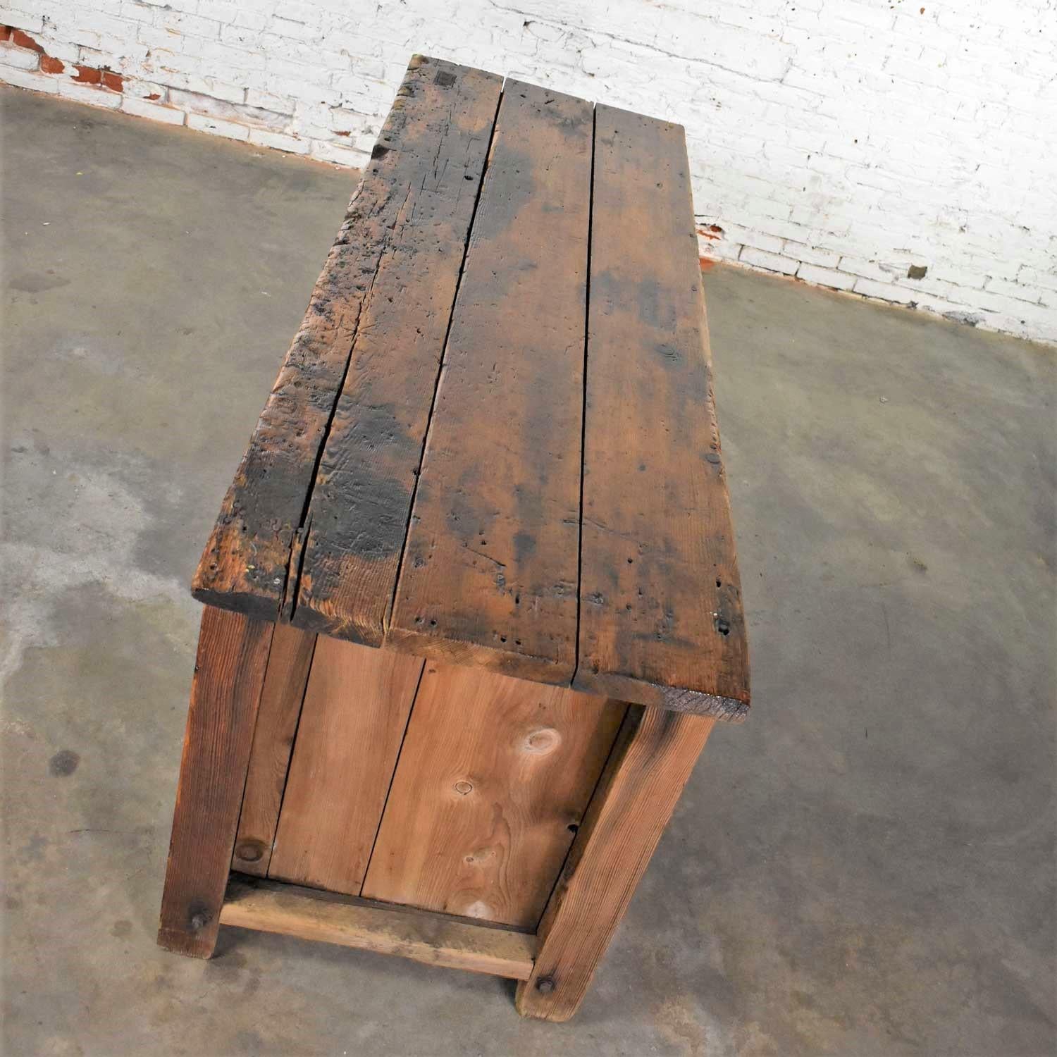 19th Century Antique Rustic Primitive Pine Factory Cabinet or Work Bench with Age Patina