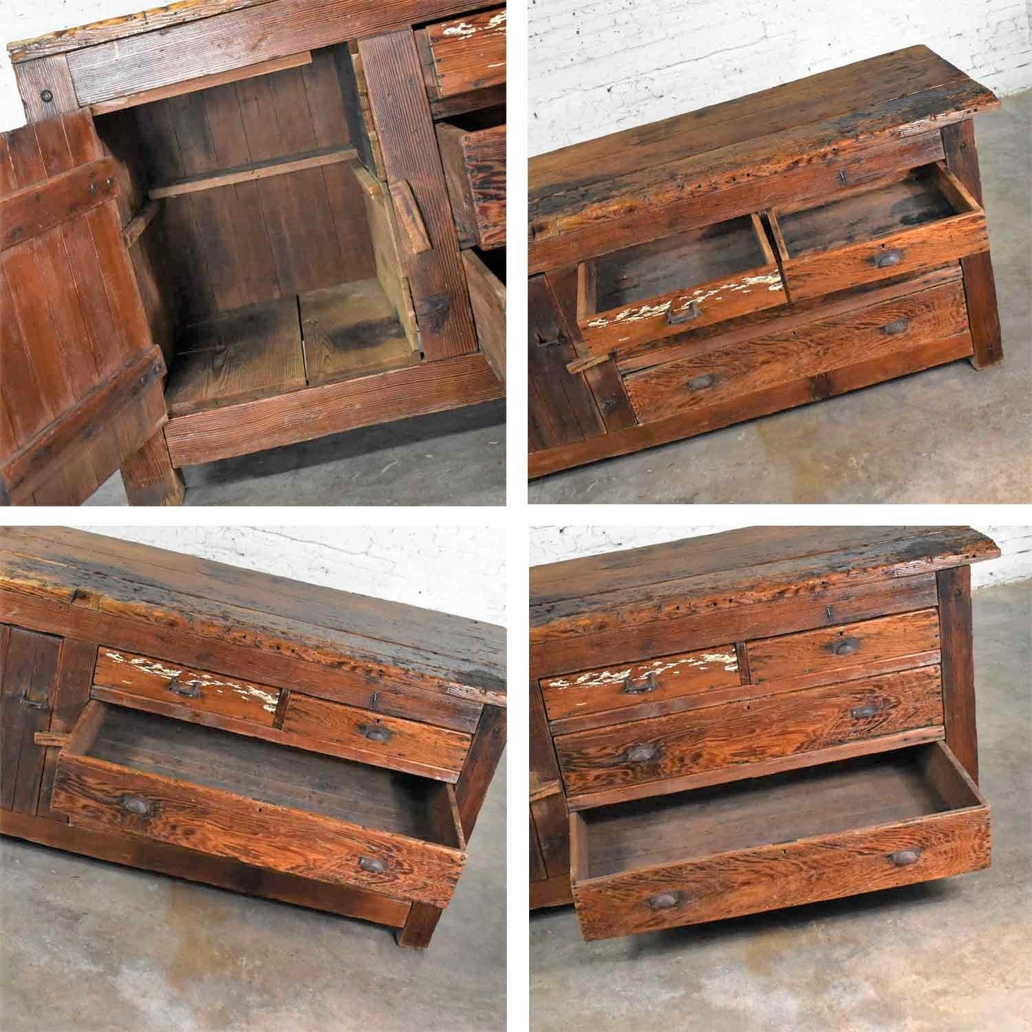 Antique Rustic Primitive Pine Factory Cabinet or Work Bench with Age Patina 2