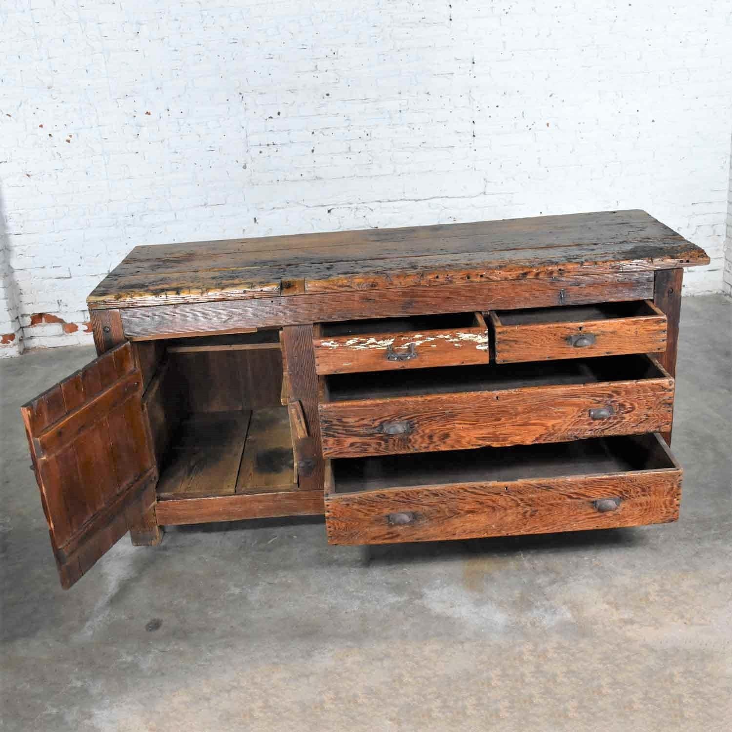 Industrial Antique Rustic Primitive Pine Factory Cabinet or Work Bench with Age Patina