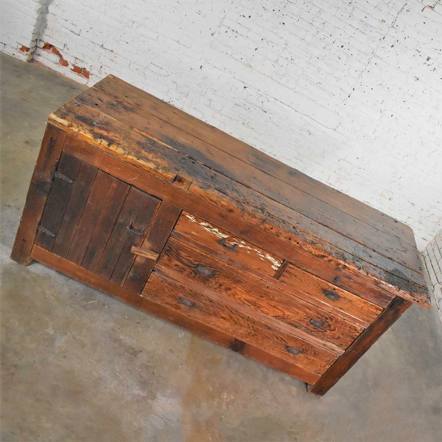 American Antique Rustic Primitive Pine Factory Cabinet or Work Bench with Age Patina